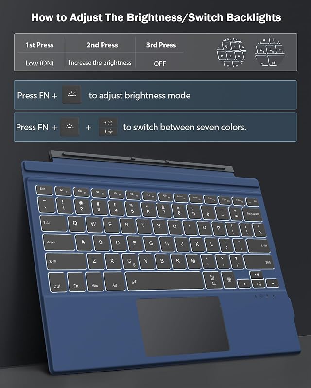 MoKo Bluetooth Billentyűzet Touchpaddal Surface Pro 7+/7/6/5/4/3 Készülékekhez - 7 Színű RGB Háttérvilágítás, Újratölthető, QWERTY