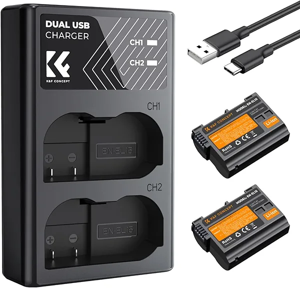 K&F Concept 2100mAh EN-EL15 EN-EL15C Battery and Dual Slot Charger for Nikon Z8 Battery Compatible with Nikon Z8 Zf Z7 Z7ii Z6 Z6ii D7500 D750 D850 D780 1V1 Camera