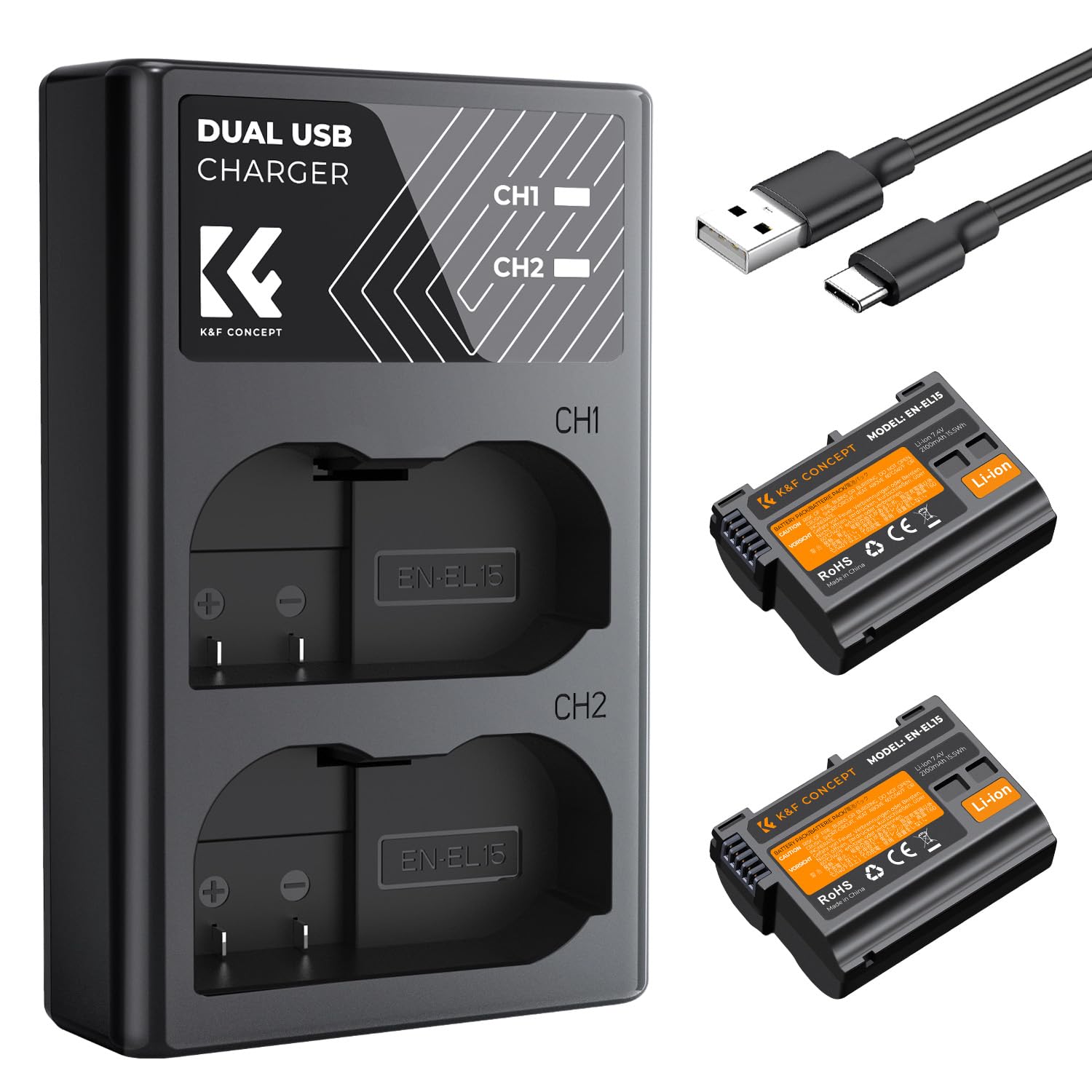 K&F CONCEPT EN-EL15 EN-EL15C /B/A Battery and Dual Slot Charger for Nikon Z8 Z5 Z6 Z6 II Z7 Battery Compatible with Nikon D850 D780 D750 D7500