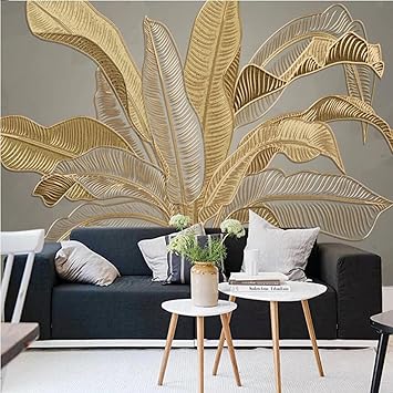 Atmospheric Banana Leaf Nordic Green Plants Light Luxury Golden Embossed Line 3D Wall Murals Wallpapers, 3D Wall Murals Space Decor Paintings Suitable for TV Background Wall, 137.8