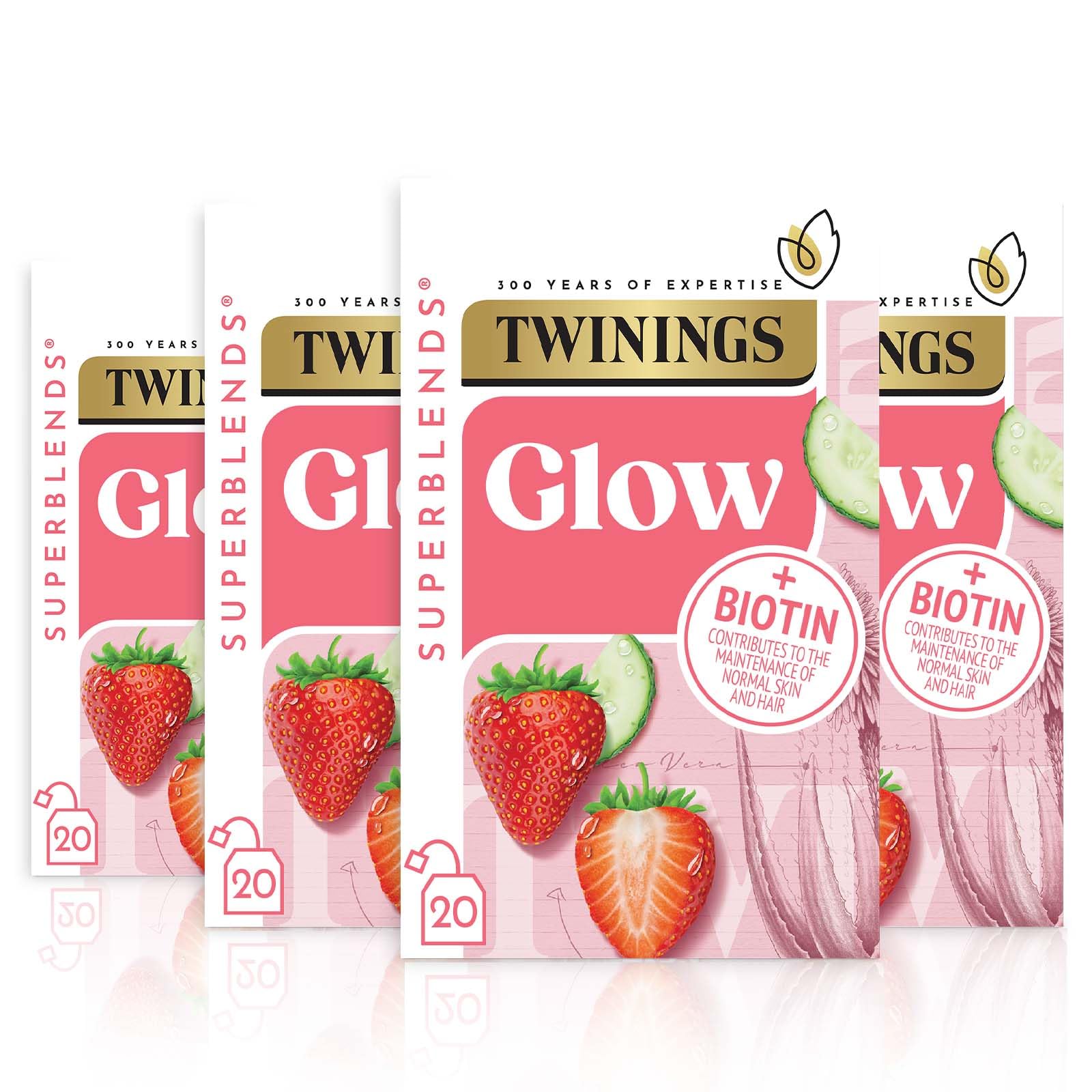 Superblends Glow Tea - Strawberry & Cucumber Green Tea with Aloe Vera & Biotin for Skincare & Hair Care, 80 x Biodegradable Tea Bags