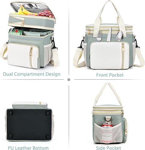 Miniatura 8 de Lonchera para mujereshombres, bolsa de almuerzo aislada, bolsa enfriadora doble expandible, lonchera reutilizable para adultos con correa de hombro