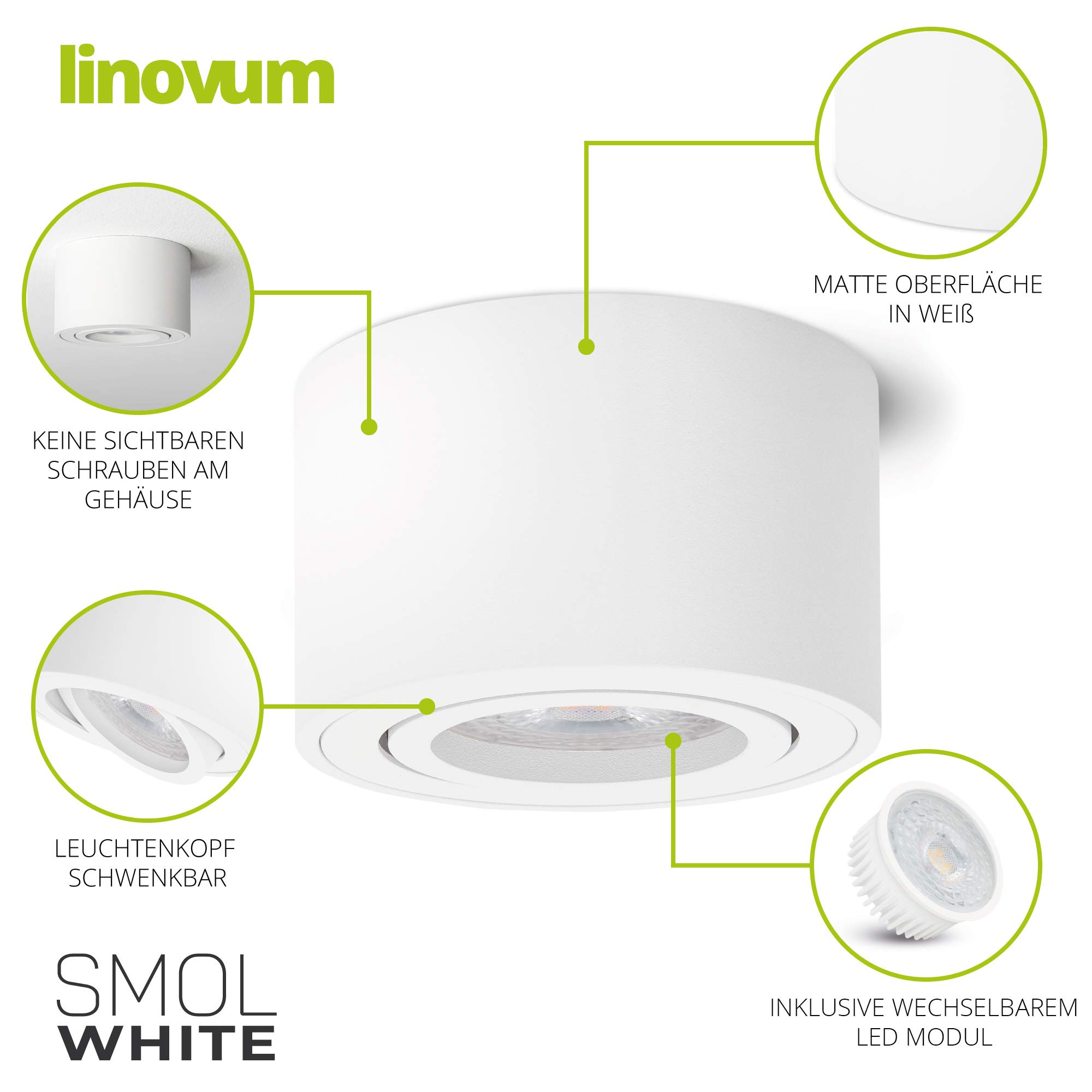 linovum 6 Stück Aufbauleuchte SMOL schwenkbar in weiß matt & rund mit LED 4W warmweiß 230V