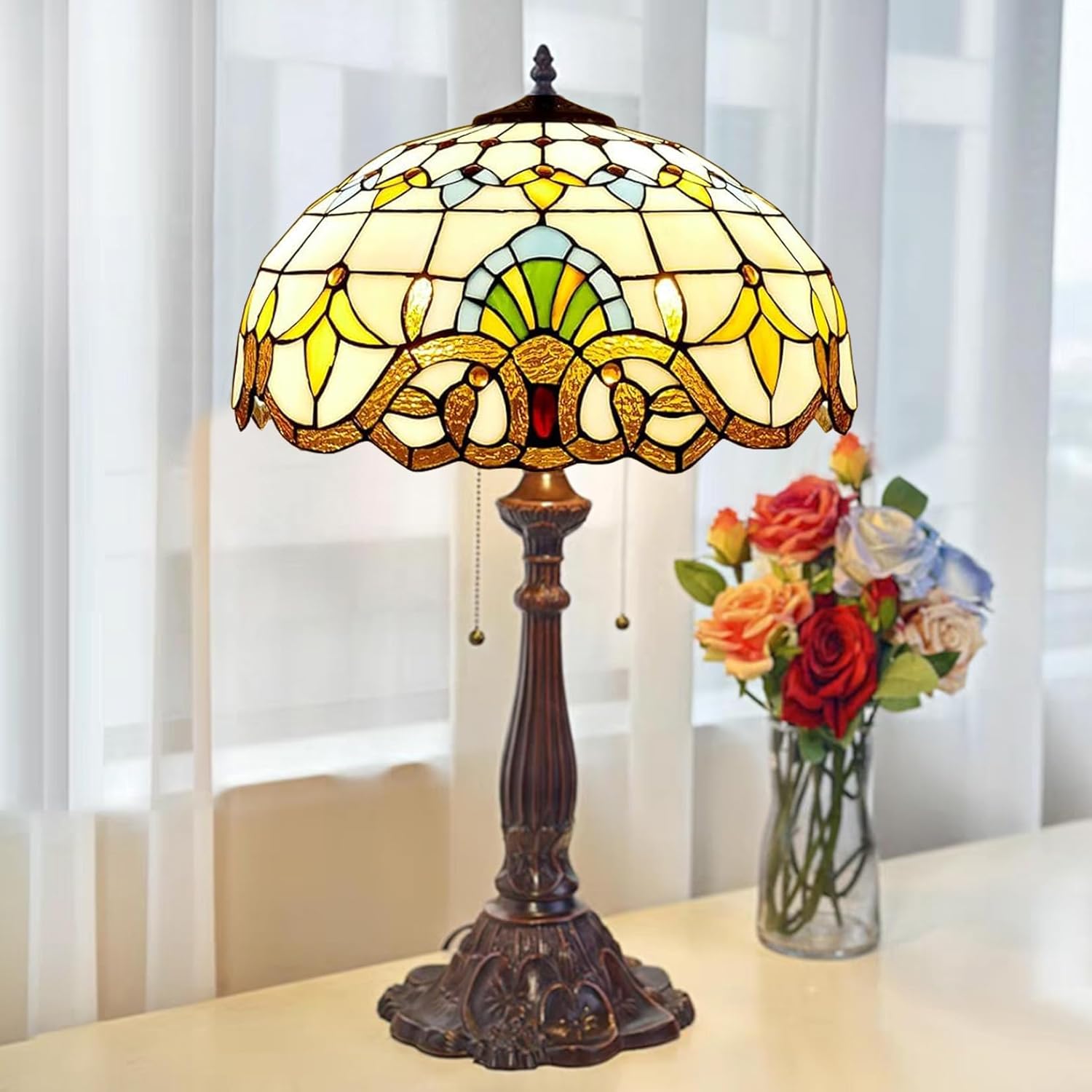 Table Lamp Base Replacement, Vintage 2-Light Resin Desk Light Base Only, 24" High Suitable for 16 Inch Tiffany Style Stained Glass Lampshades