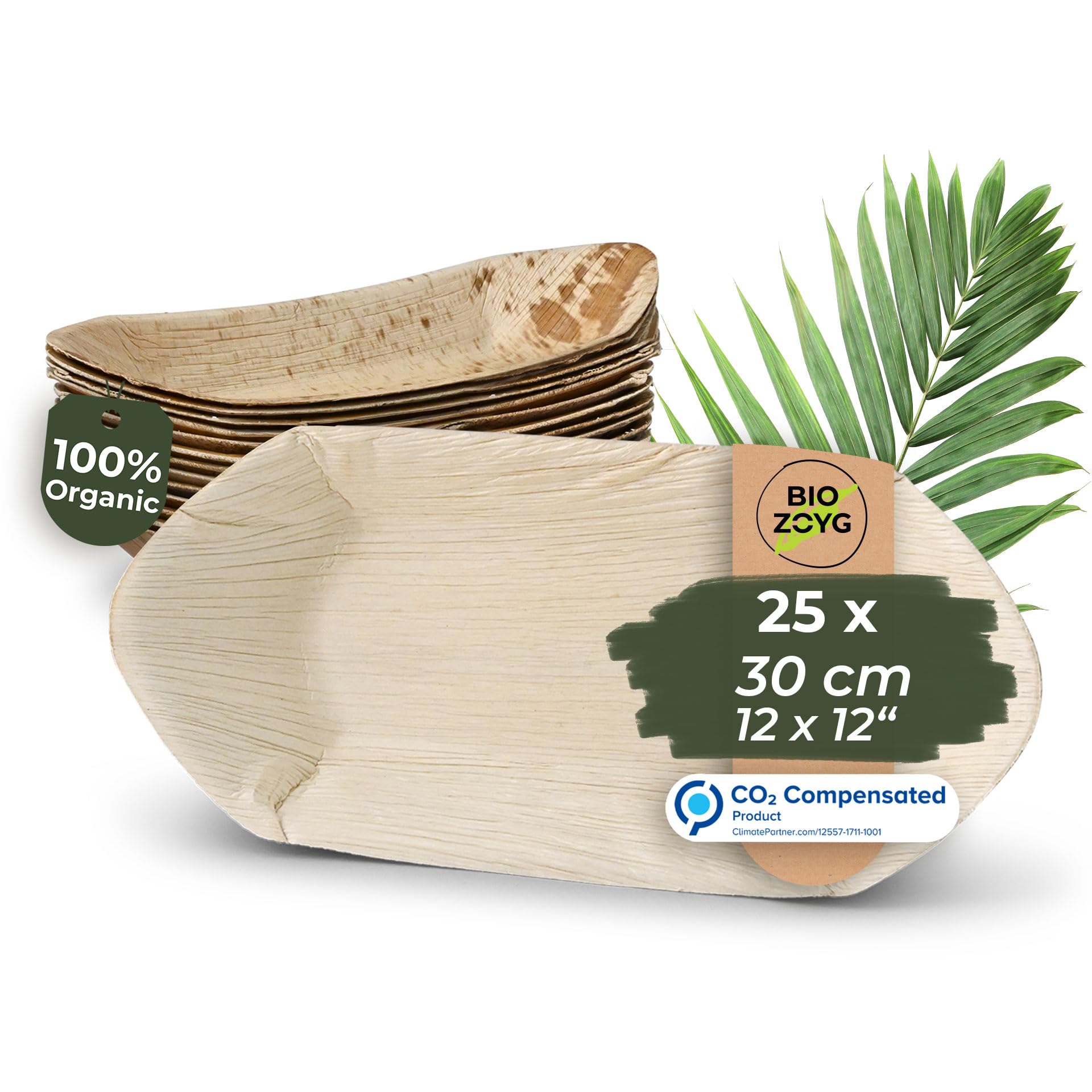BIOZOYG Palmware - Palm Leaf Bowl for Finger Food I Disposable Tableware Biodegradable, compostable I Disposable Bowls Serving Dish Dip Bowl Snack Bowl I 25 Pieces Party Boat 30 cmClimatePartner certified