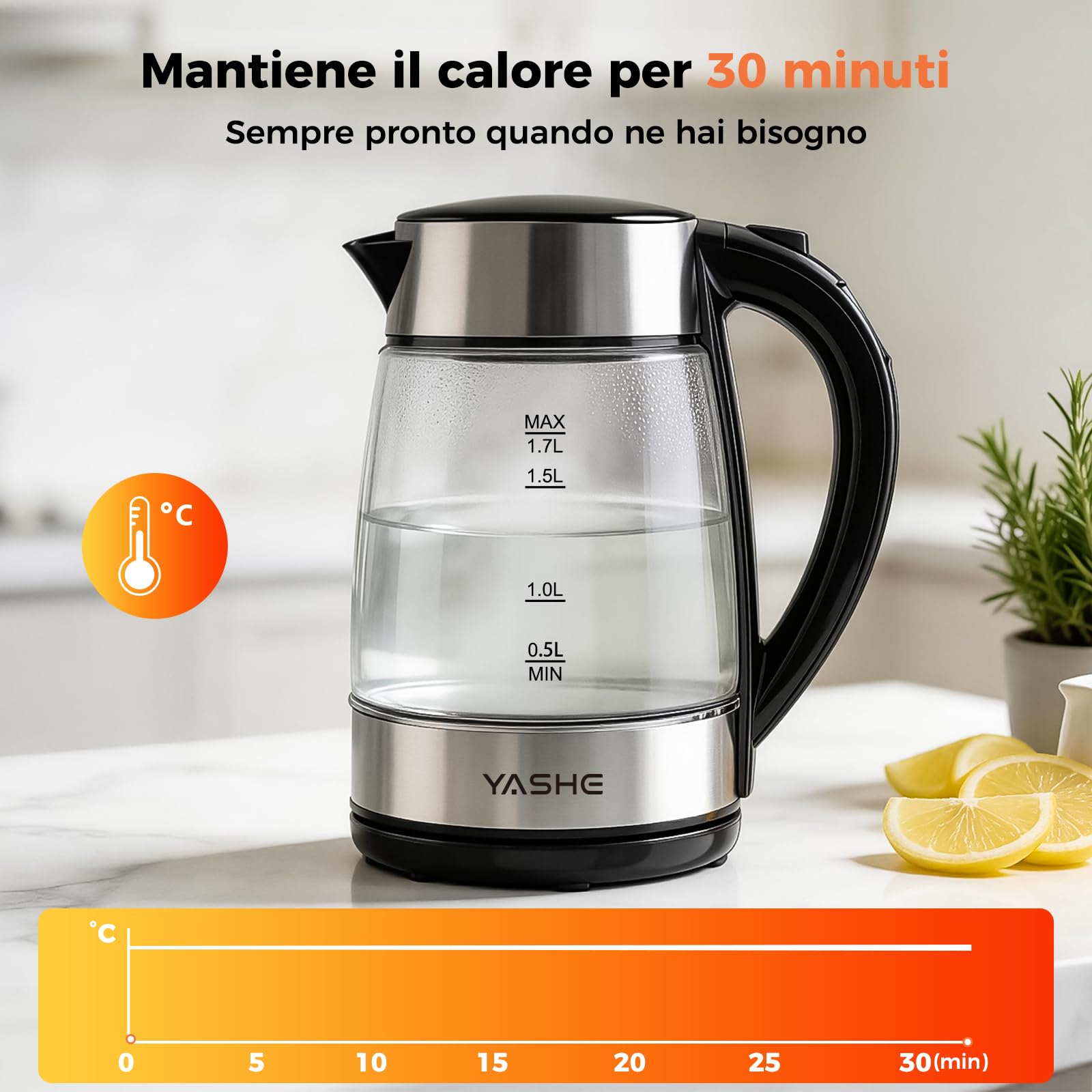 YASHE Bollitore Elettrico in Vetro con Controllo Temperatura, 1,7L Bollitura Rapida 2200W, Display LED a 5 Colori, 30 Min Mantenimento in Caldo, Filtro Anticalcare