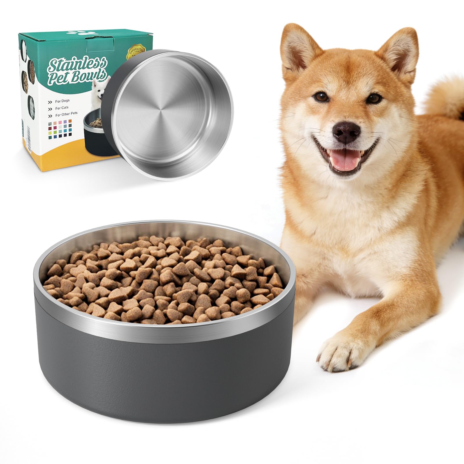 IKITCHEN Dog Bowl for Food and Water, 40 Oz Stainless Steel Pet Feeding Bowl, Durable Non-Skid Insulated Heavy Duty with Rubber Bottom for Medium