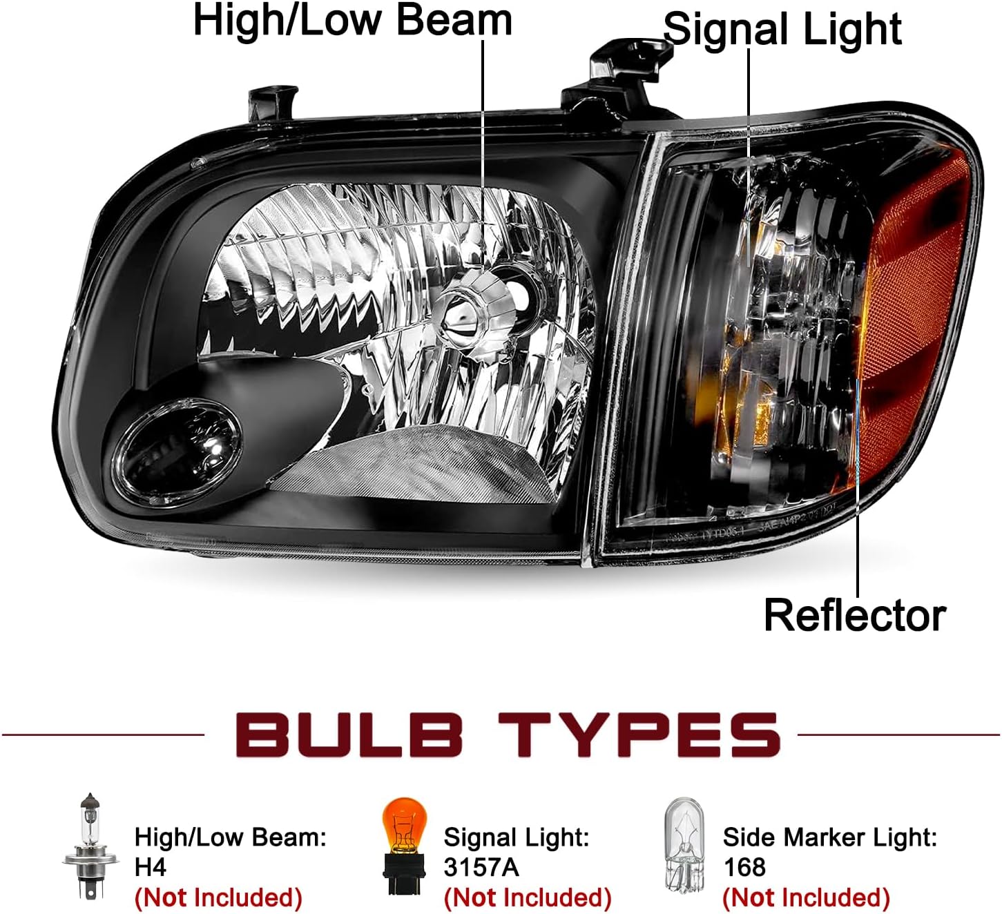JSBOYAT Headlight Assembly Replacement for 2005-2006 Toyota Tundra Double Cab & Crew Cab, 2005-2007 Sequoia Black Headlamp with Amber Reflector Pair - Not for Regular Cab or Access Cab