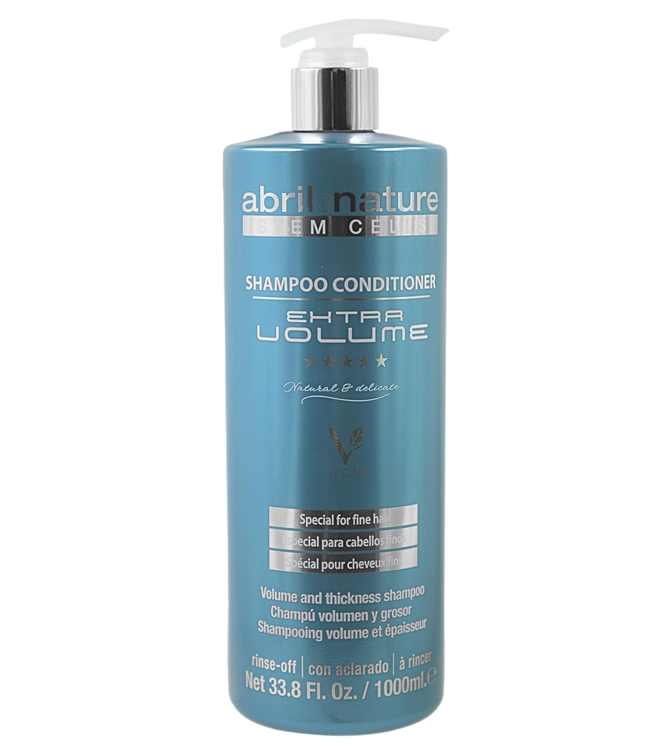 abril et nature - Bain Shampoo Extra Volume - Shampoing Hydratant - 1000 ml - Pour Cheveux Fins et Très Fins - Soin des Cheveux aux Cellules Souches - Produit Végan - Booster de Volume