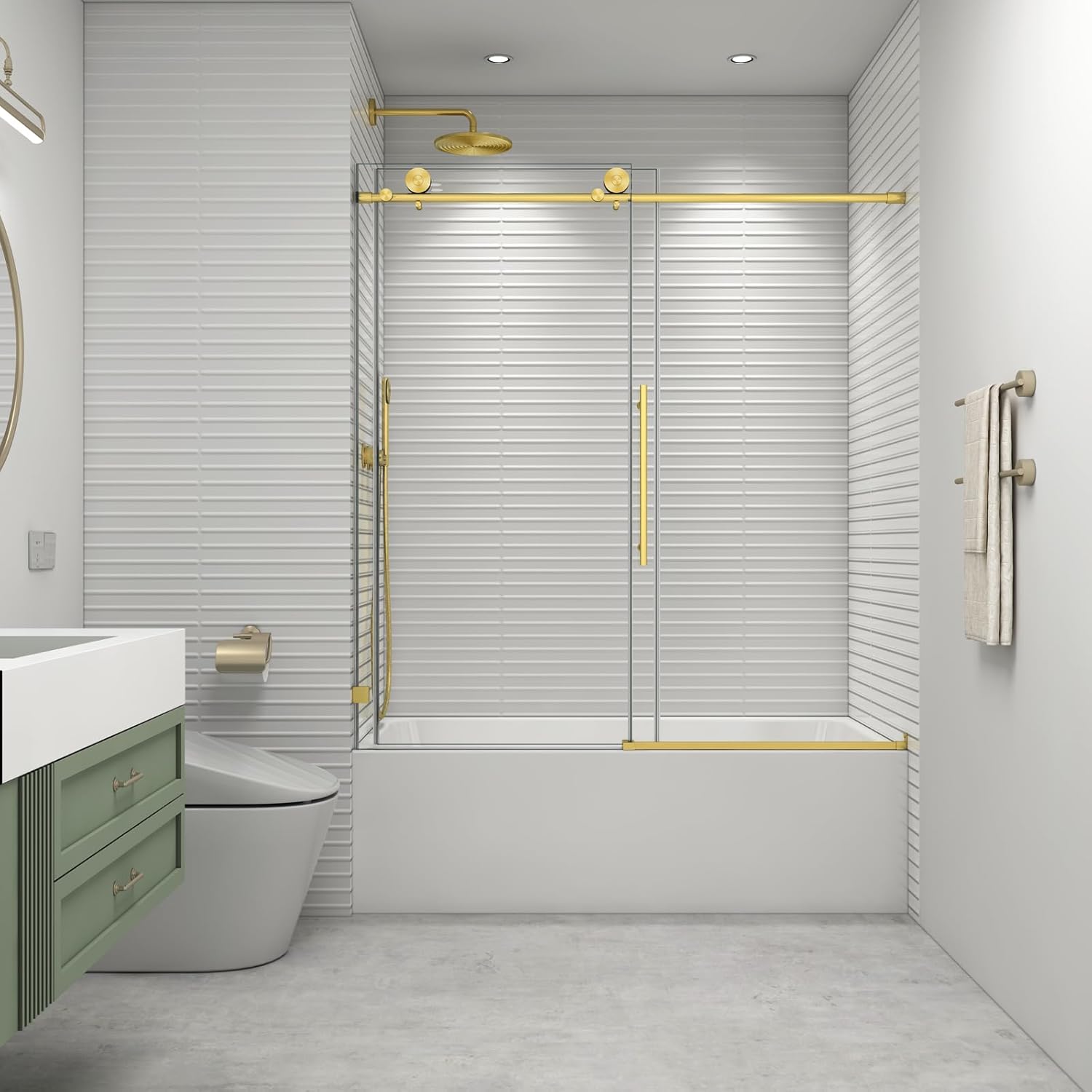 55"-60" W x 63" H Soft Closing Sliding Bathtub Shower Doors,Water Repellent Frameless Tub Shower Door,5/16" (8mm) Transparent Glass,Nano Explosion-Proof Film (Brushed Gold 60" Wx63)