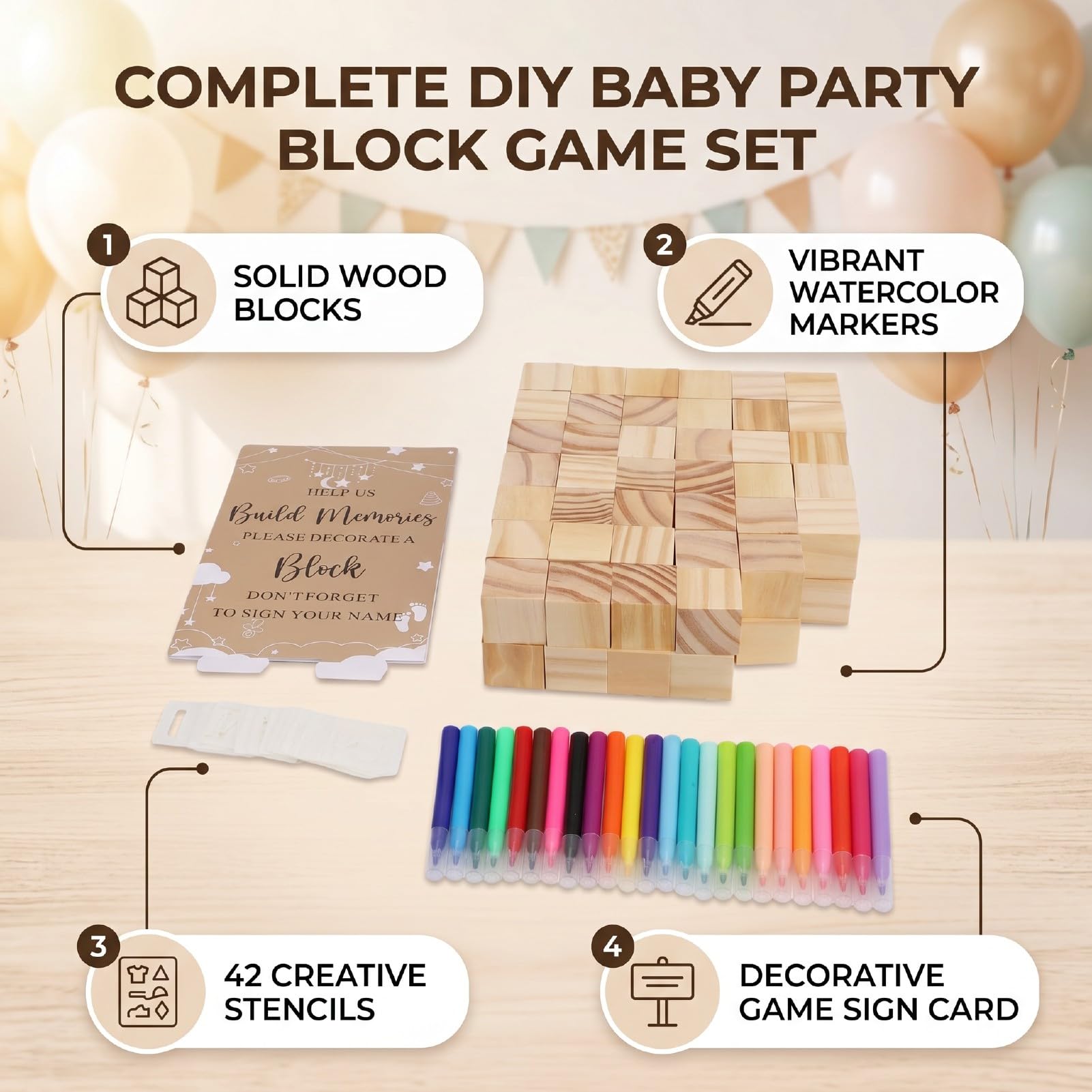 Naroote Zestaw do Dekoracji Klocków na Baby Shower Bloki z Litego Drewna na Baby Shower 147 szt. z 80 Drewnianymi Kostkami 42 Szablony 24 Markery i Znak imprezę rodzinną