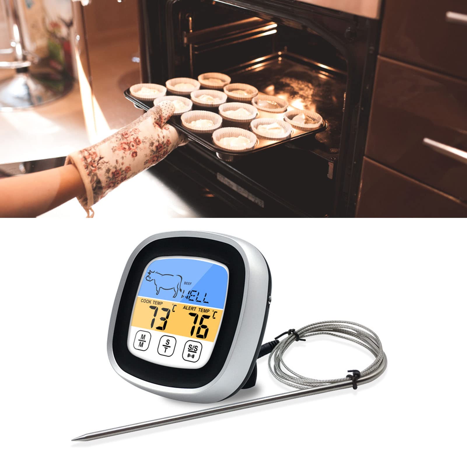 Ejoyous Termómetro Digital para Carne, Termómetro para Alimentos con Pantalla Táctil de Acero Inoxidable con Temporizador de Alarma Retroiluminado, 8 Ajustes Preestablecidos para Carne, 5 Niveles de