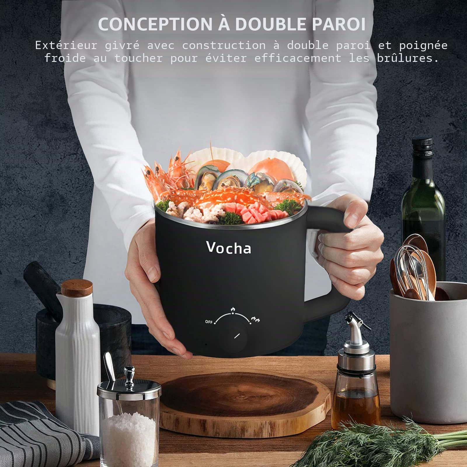 Vocha Multicuiseur Electrique, petite marmite électrique en acier inoxydable 1,6 L, hot pot électrique portable pour chambre d'étudiant/studio/hôtel/camping/bureau - Noir