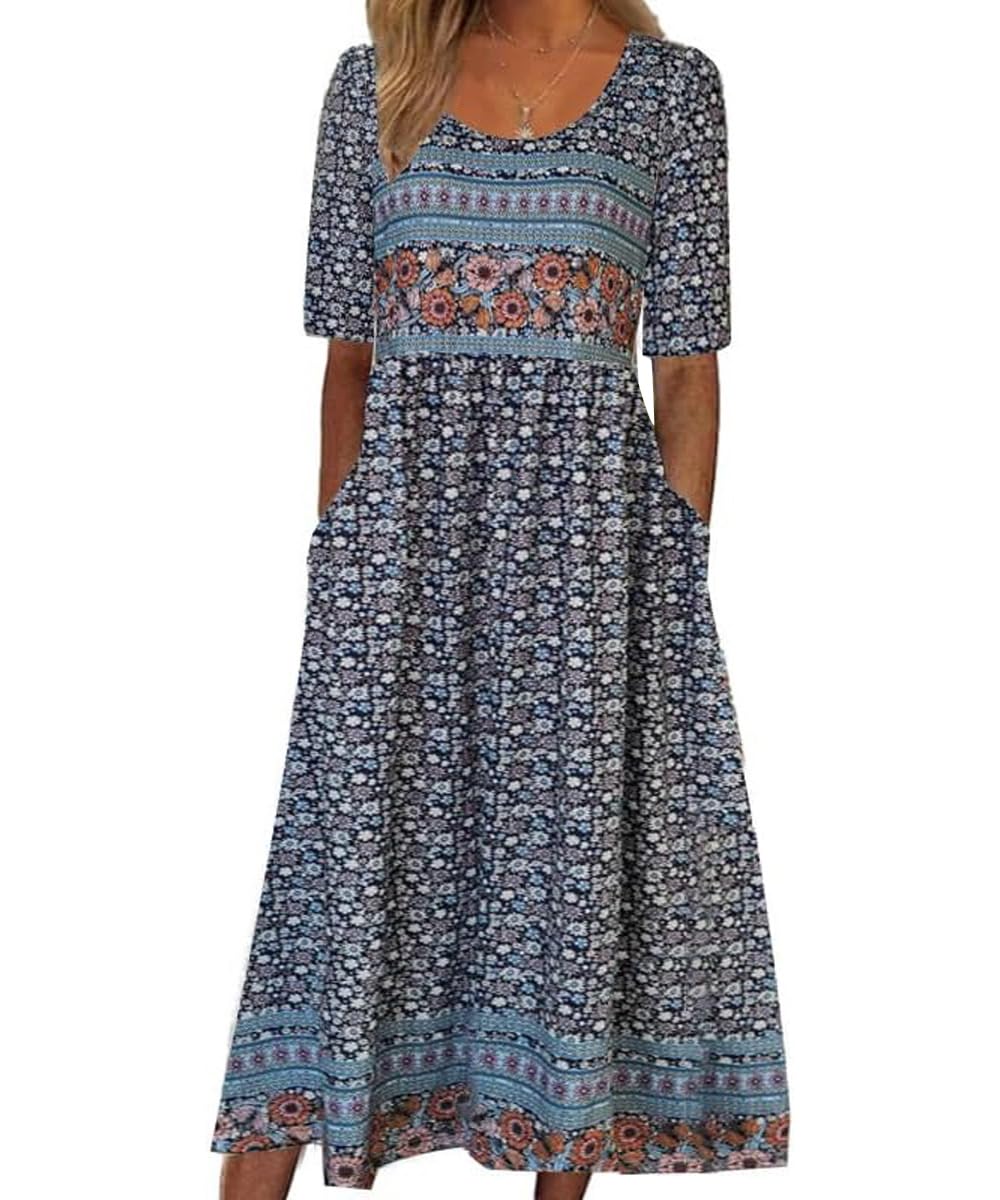 ABINGOO Mujere Vestidos de Verano Cuello Redondo Manga Corta Bohemio Floral de Playa Casual Midi Vestido Largos con Bolsillos