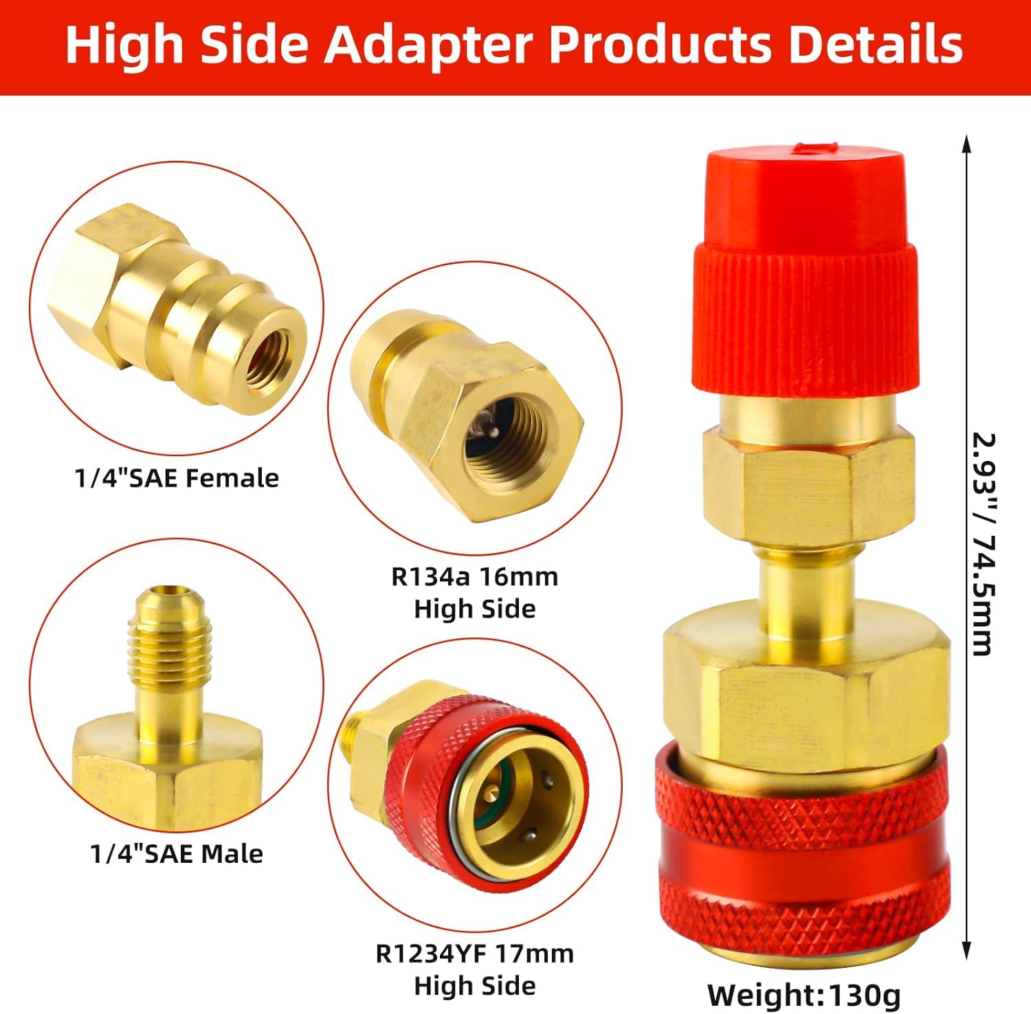 R1234YF vers R134a Adaptateur Kit de raccord rapide R1234yf Ensemble de recharge de réfrigérant Raccord rapide haut bas côté pour évacuation et recharge de tuyauterie de climatisation