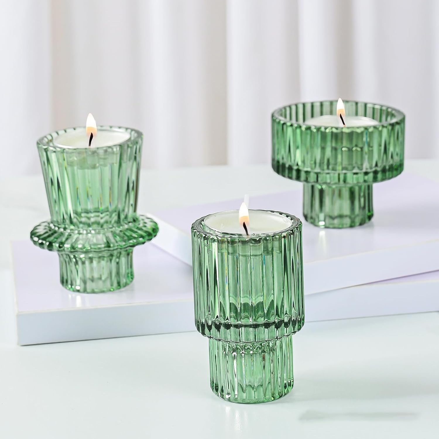 Joyzzz Glass Candle Holder, Reversible Taper Votive Candle Holder, Candle Sticks Holder Decor for Various Shapes of Candles, Candlestick Holders for Table Centerpieces Wedding Dinner (Green)