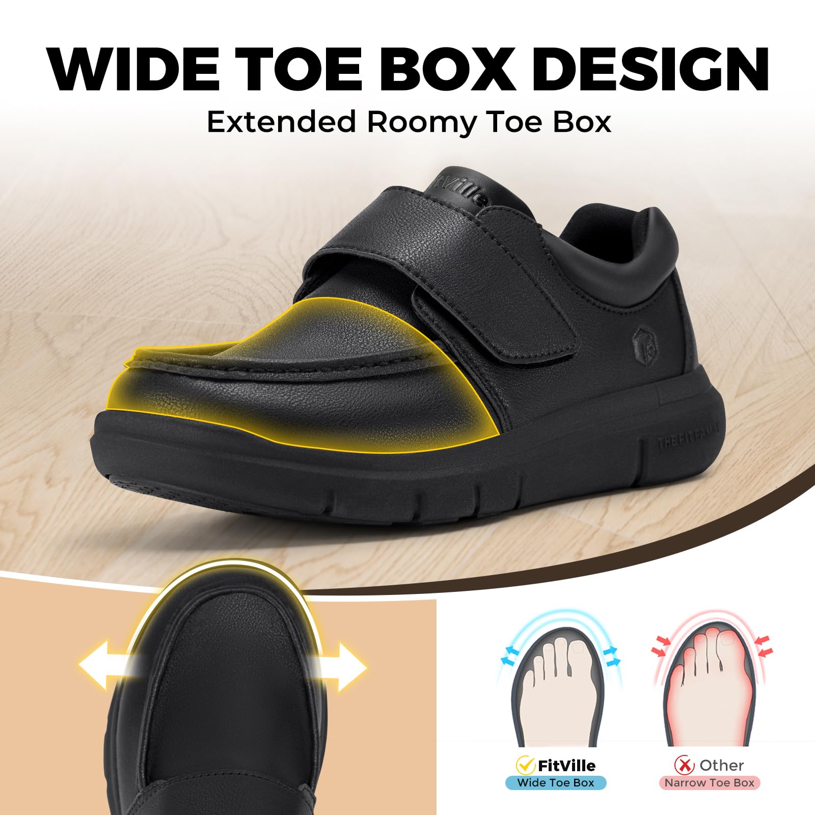 FitVille Scarpe Uomo Diabetici Pianta Larga Mocassini in Pelle Extra Larghi Scarpe Uomo Casual con Strappo per Piedi Gonfi da Lavoro