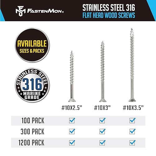 Miniatura 9 de FastenMon - Tornillos para madera de acero inoxidable 316 #10 x 2-12 pulgadas, grado marino, paquete de 100 unidades con broca T25, cabeza plana