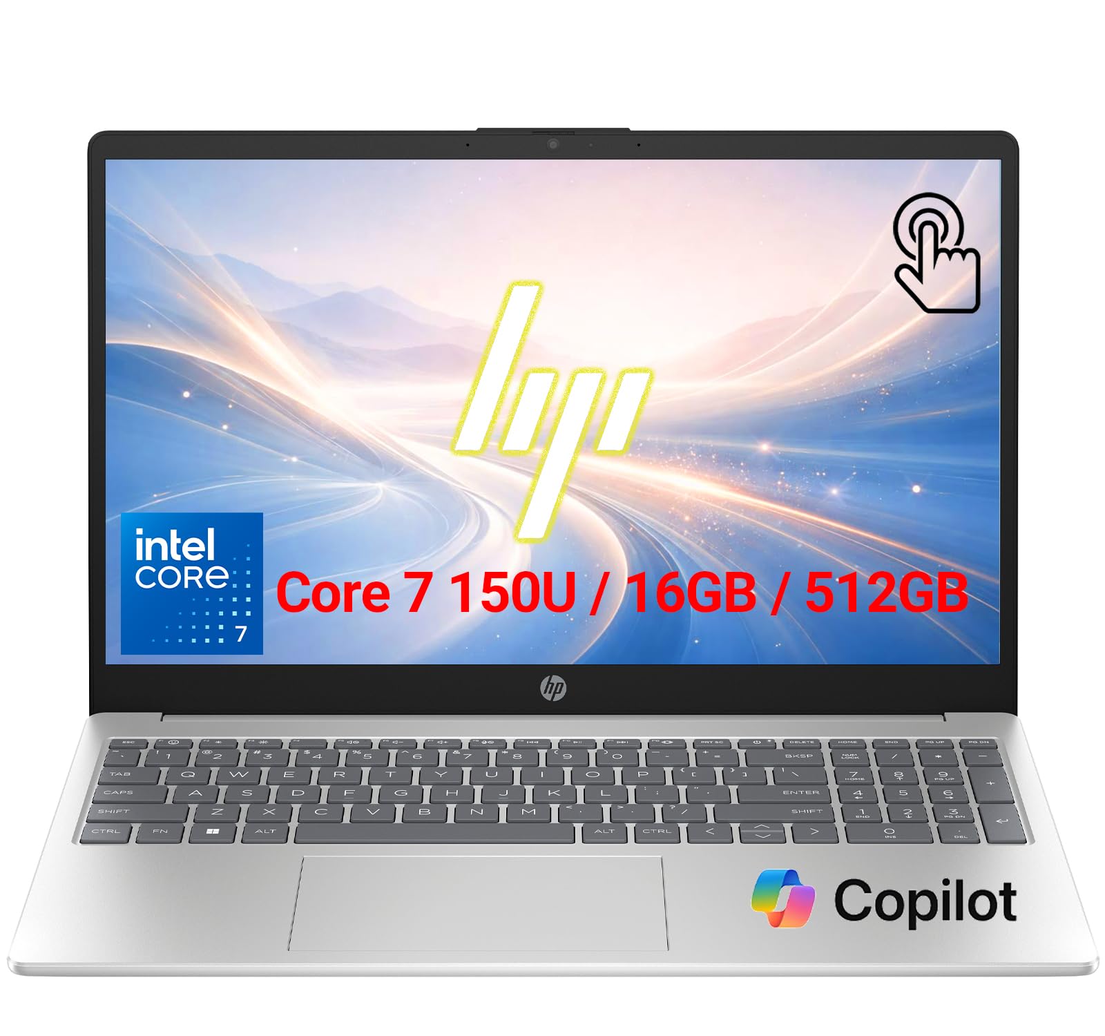HP 15.6" Full HD Touch-Screen Laptop, Intel Core 7 150U, 16GB Memory, 512GB SSD, Copilot AI, Windows 11 Home, Silver, Business &amp; Student Laptop