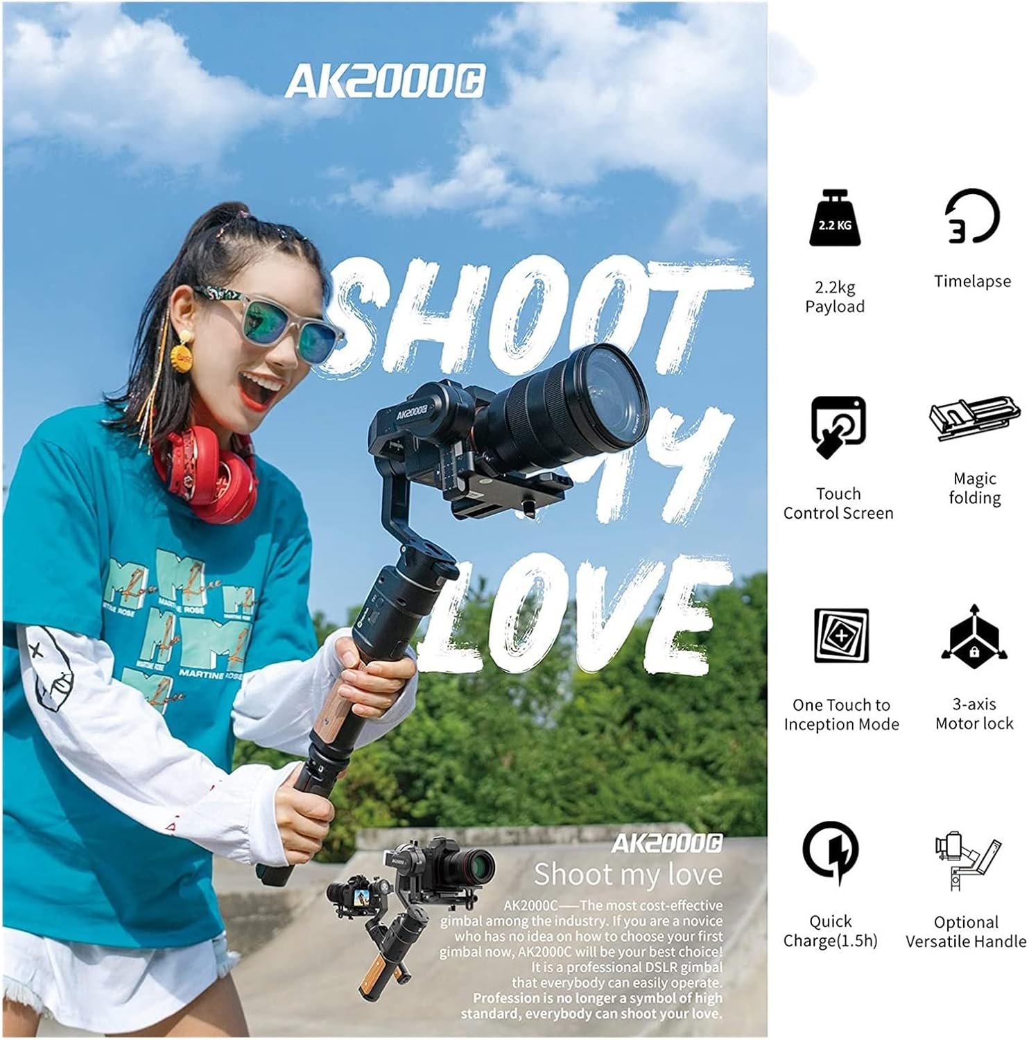Camera stabilizer Ak2000C 3- Camera Stabilizer for Vlog Youtuber Real-time Video Recording for Outdoor Video Recording