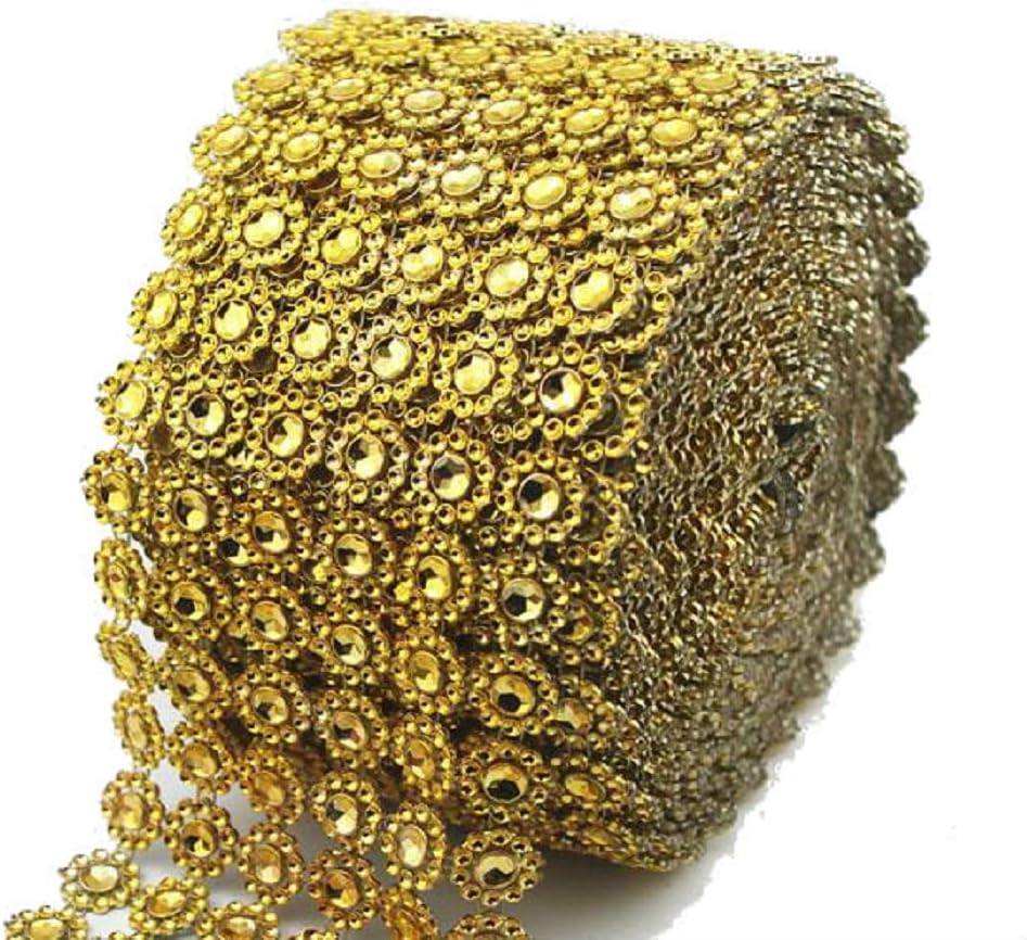 Diamond Flower Shape Mesh Wrap Roll Faux Rhinestone Crystal Ribbon 4" x 10 Yards (30 ft) (Gold)