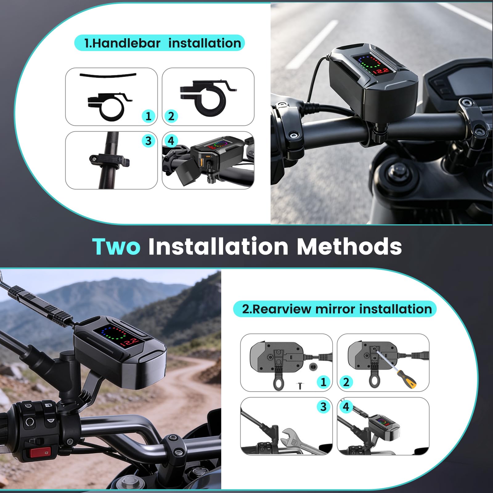 USB Moto Impermeabile con un cavo di ricarica rapida Type-C retrattile lungo 70 CM, 3 in 1 Caricabatterie da Moto per Cellulare USB con Interruttore Voltmetro LED per SUV Marine Motorcycle (2)