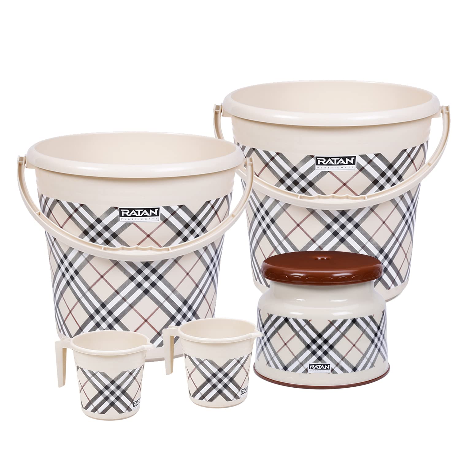 RATAN PLASTICWARE Plastic Pack of 5 Bathroom Full Set Combo with (20L Bucket X 2/1.5L Mug X 2 / Nova Patla Stool 107 X 1) Bath Sets for Home, Kitchen- Frosty Checks Print Beige