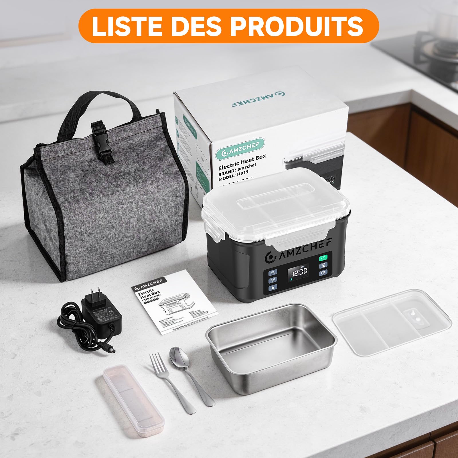 AMZCHEF Gamelle chauffante 1,5 L - lunch box chauffante Électrique 27000mAh, chauffage sur 5 faces, fonction de réchauffage instantané, avec horloge et mémoire, recharge rapide en 3,5 heures(noir)