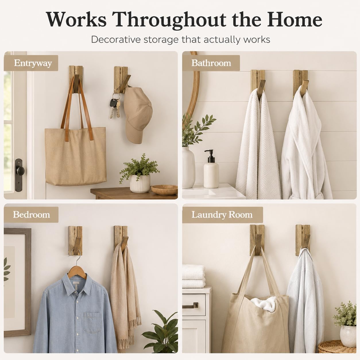 4 Pack Foldable Wood Wall Hooks for Coats, Towels and Bags