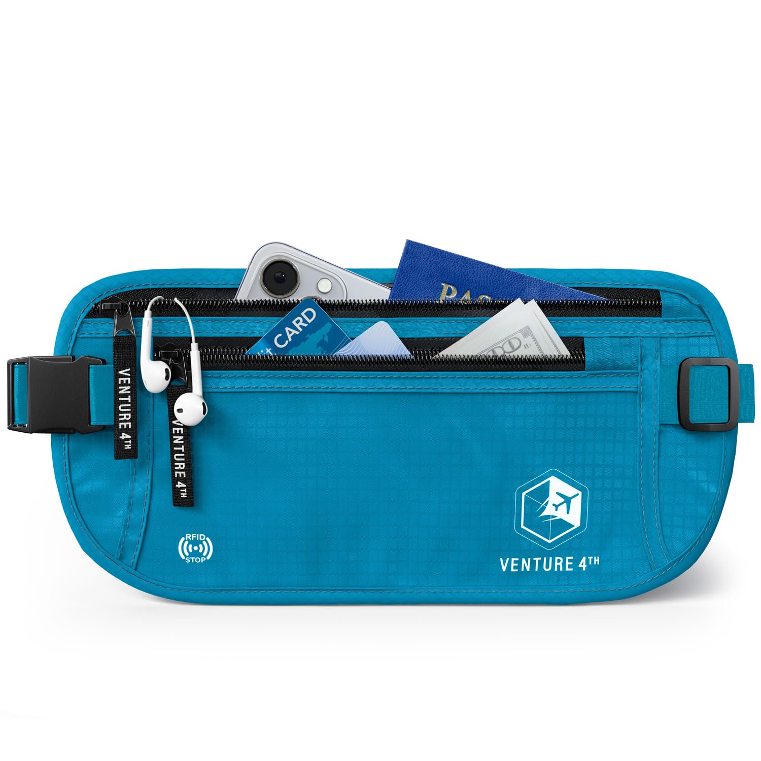 VENTURE 4TH Travel Money Belt - Slim Passport Holder RFID Blocking Travel Pouch to Protect Cash, Credit Cards and Travel Documents (Blue)