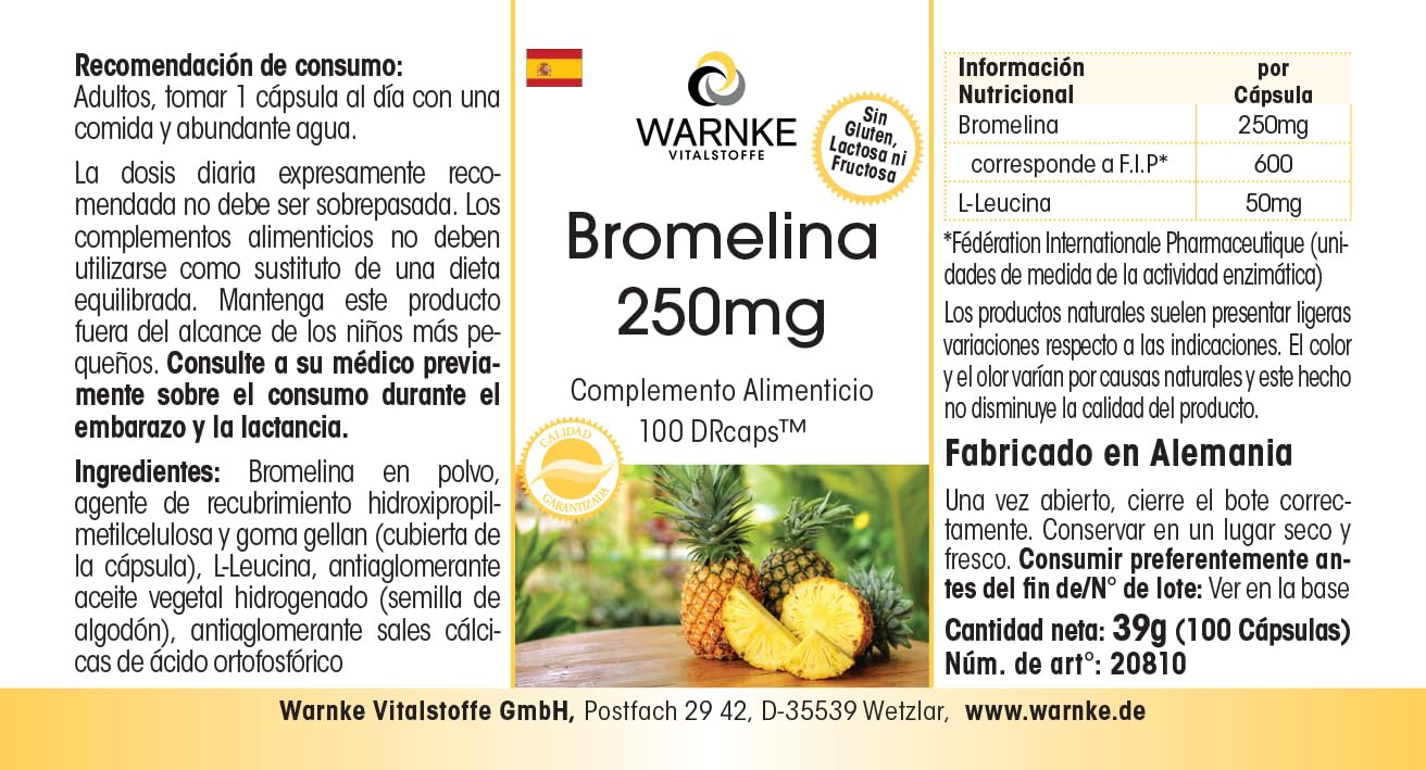 Bromelina 250mg – 600 F.I.P. – Enzima natural de la piña – Vegana – 100 cápsulas | Warnke Vitalstoffe - Calidad de farmacia alemana