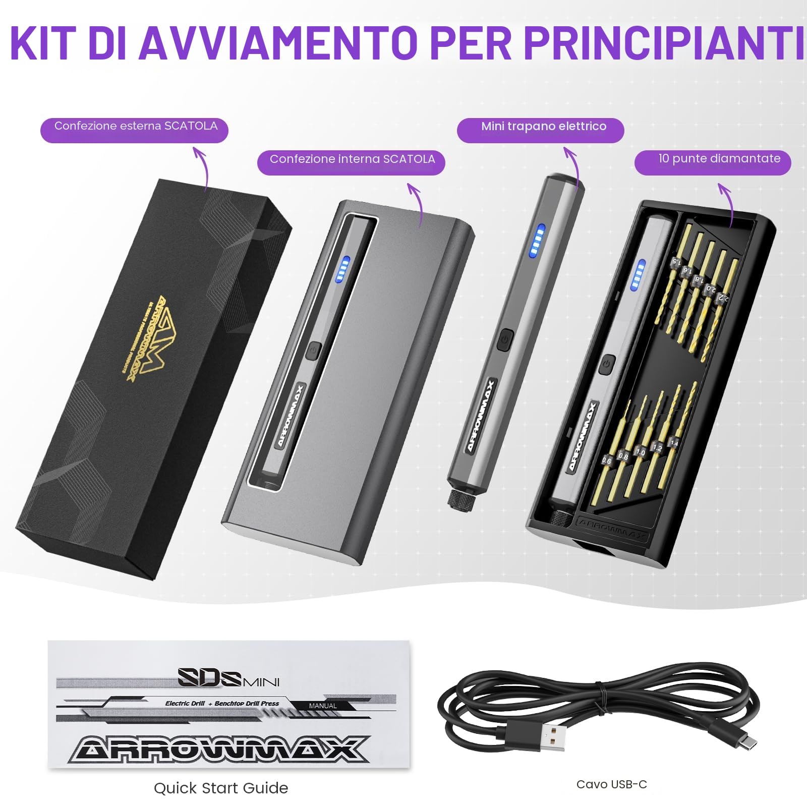 ARROWMAX Mini penna trapano 13 in 1, custodia alluminio, ricaricabile, 800 giri/min, morsa ago, 10 punte HSS, fai da te, legno, gioielli
