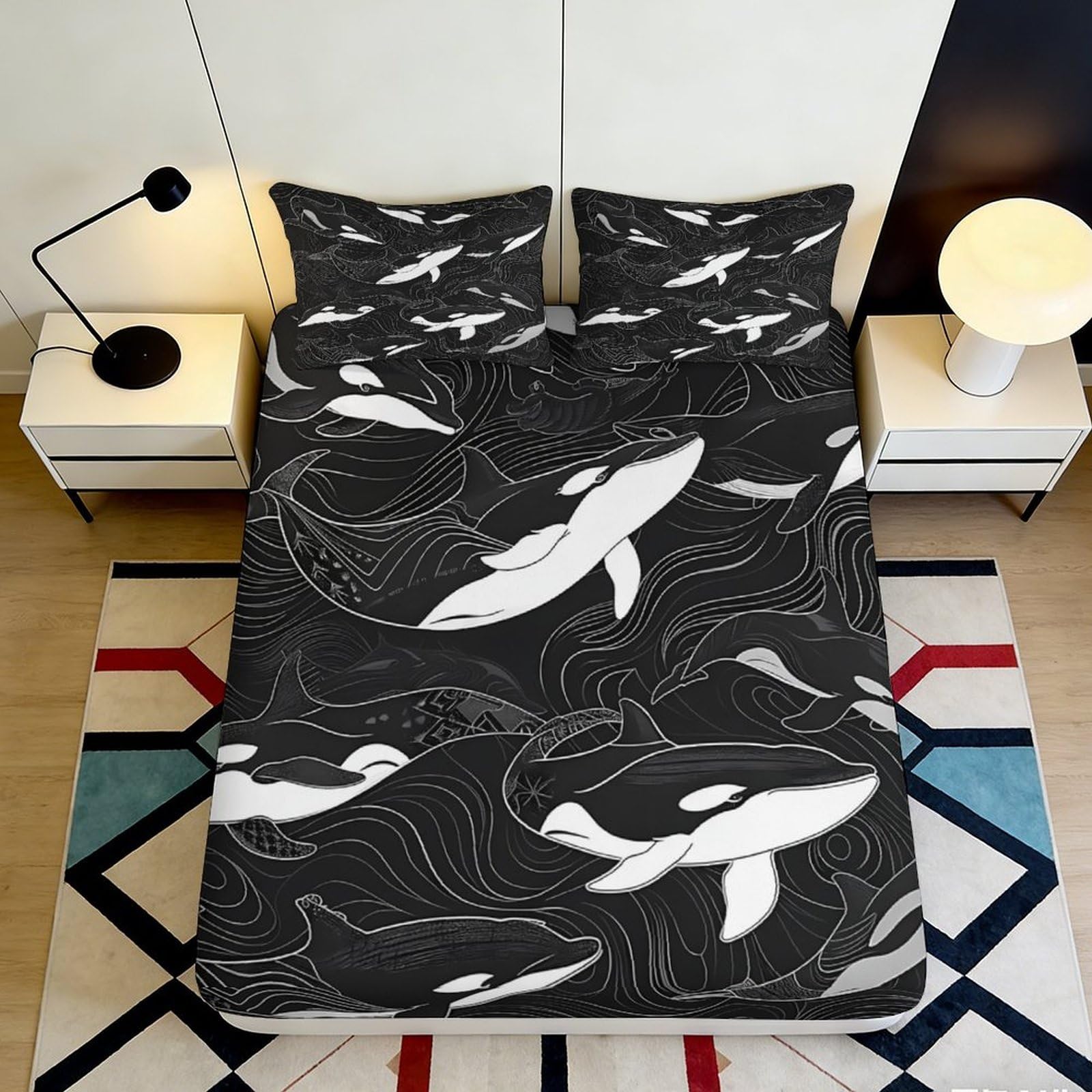 3D Printed Black Whale Ocean Fitted Sheet Microfiber Soft Breathable Sea Life Bed Cover for Bedroom Dorm Mattress Protection Decor 160x200x25cm