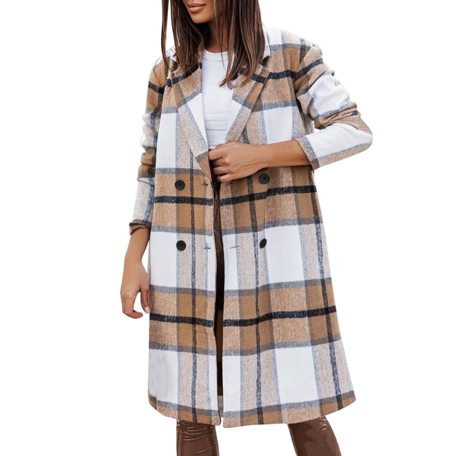 GenericWomens Wool Coats Button Up Pea Coats Tweed Jacket Plus Size Vintage Cardigan Fall Winter Long Sleeve Coat Warm Outwear