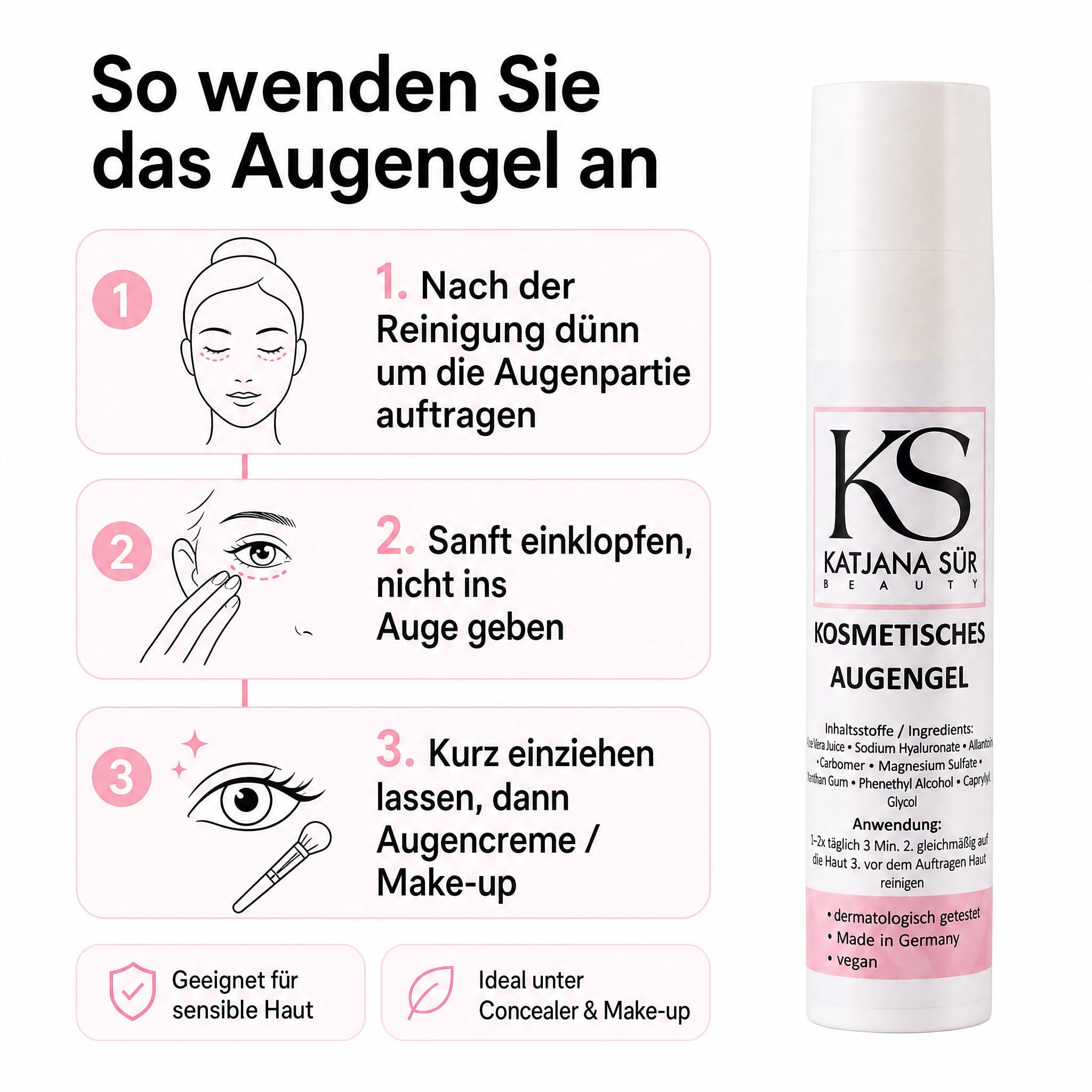 KS Beauty Kosmetisches Augengel Natur – Augengel mit Aloe Vera, Hyaluronsäure, Kornblumenextrakt & Allantoin (50 ml) | Leichtes Gel für die empfindliche Augenpartie – feuchtigkeitsspendend, vegan, dermatologisch getestet, Made in Germany