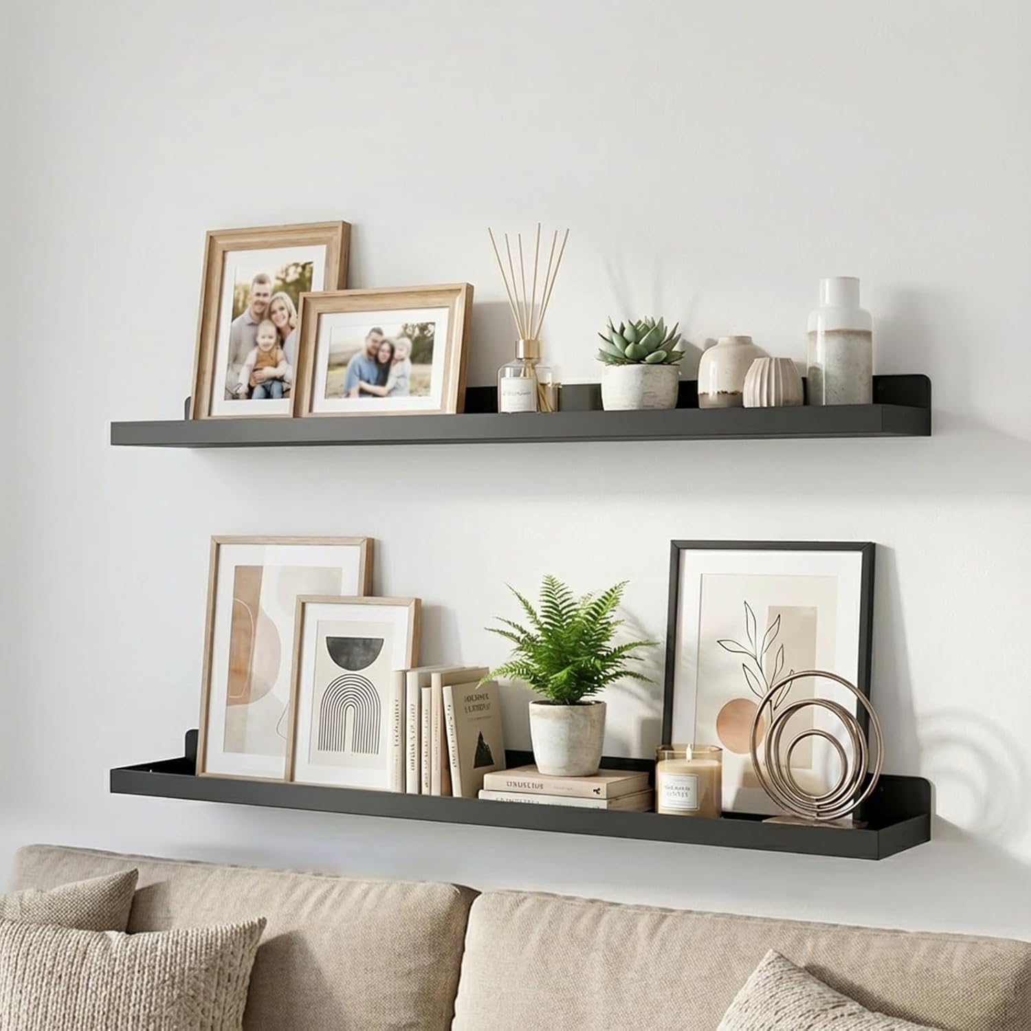 Floating Shelves Wall Mounted, 36 Inch Picture Ledge Shelves with Lip, Heavy Duty Wall Shelf, Metal Large Storage Shelf for Living Room, Bedroom, Bathroom, Kitchen Decoration (2 Pack)