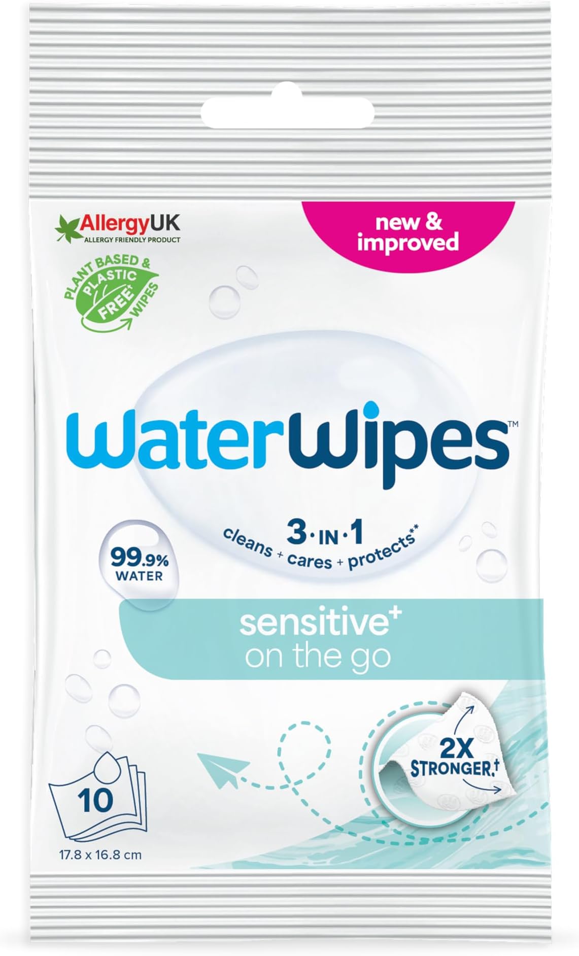 Sensitive+ On The Go Wipes, 10 Wipes, 99.9% Water, Fragrance Free & Alcohol Free