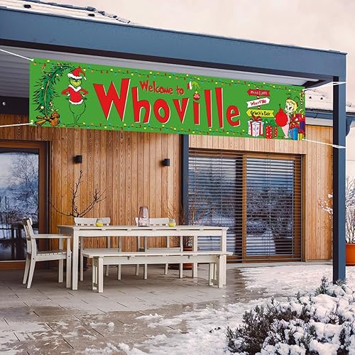 Miniatura 5 de Nepnuser Cartel de bienvenida a Whoville para colgar en la valla de Navidad con diseño de Grinchmas de invierno para fiestas, decoración de Navidad,