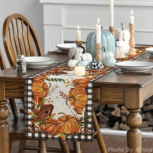 Miniatura 3 de Artoid Mode - Camino de mesa de lana cuadriculada con diseño de calabazas, setas, pajarera, hojas, camino de mesa, temporada de cosecha de otoño,