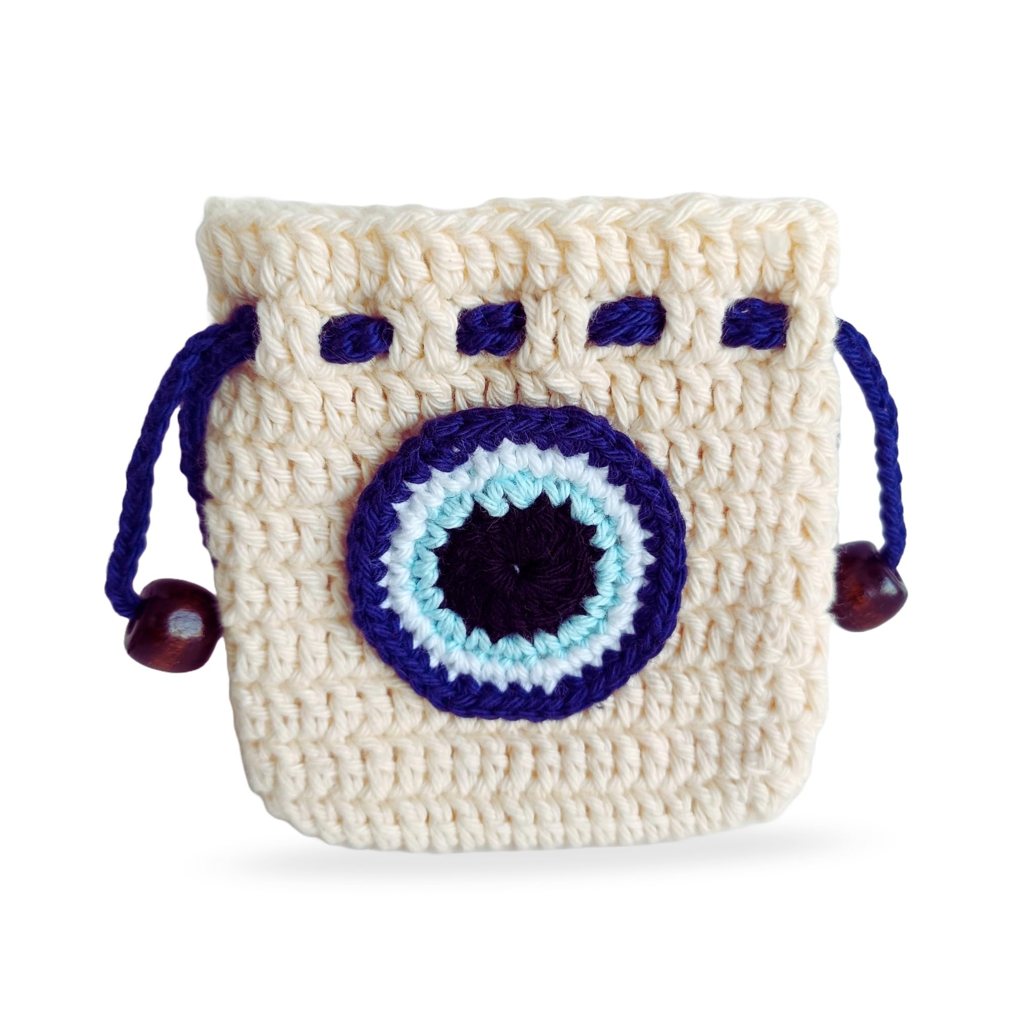 Unisex Handmade Crochet Drawstring Pouch with Evil Eye Design, Crocheted Earphone, Multi Purpose Pouch, Beige and Blue (Pack of 1)