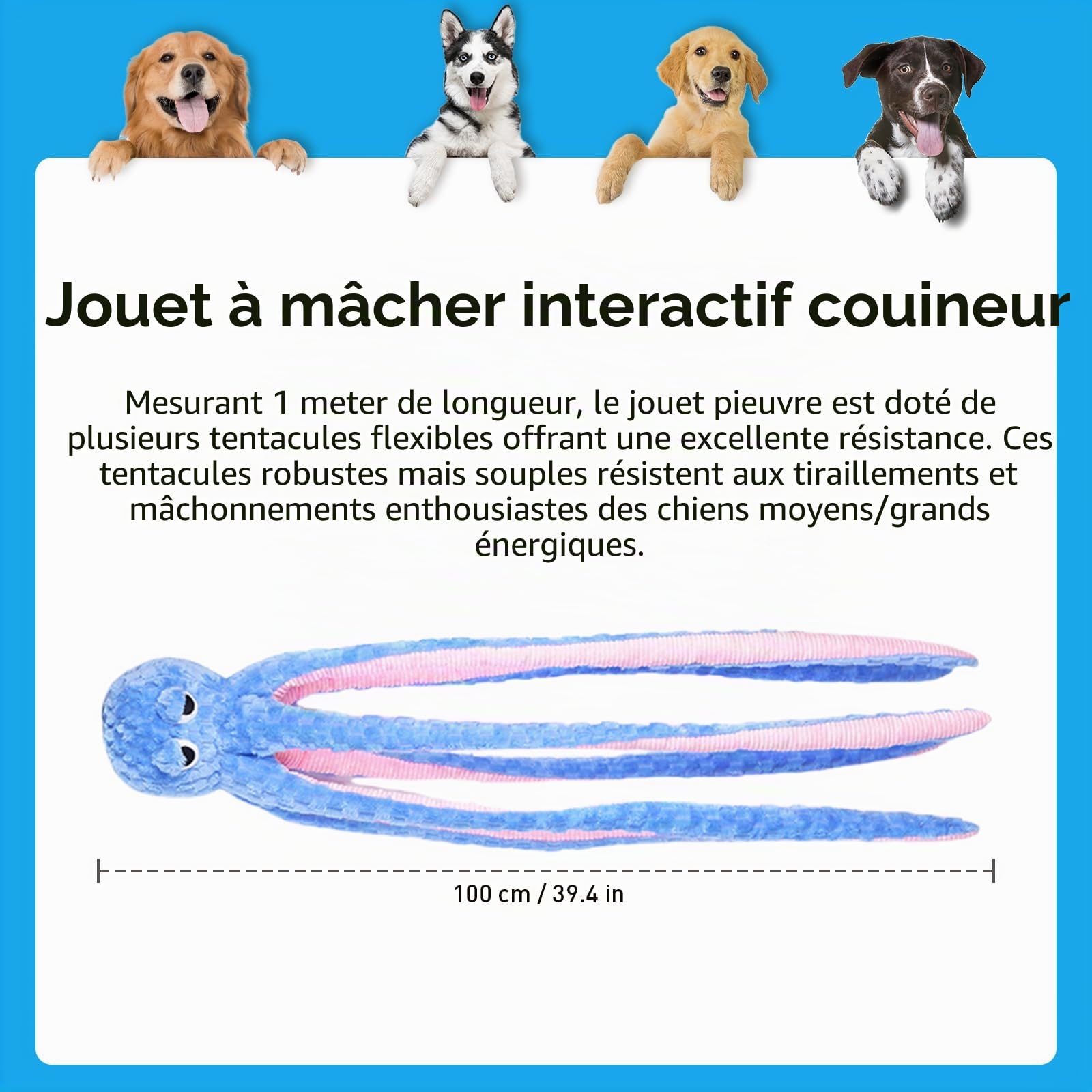 Jouet à mâcher interactif pour chien en forme de pieuvre géante de 1 m de long – Jouet couineur interactif à mâcher pour chiens de taille moyenne et grande (bleu)
