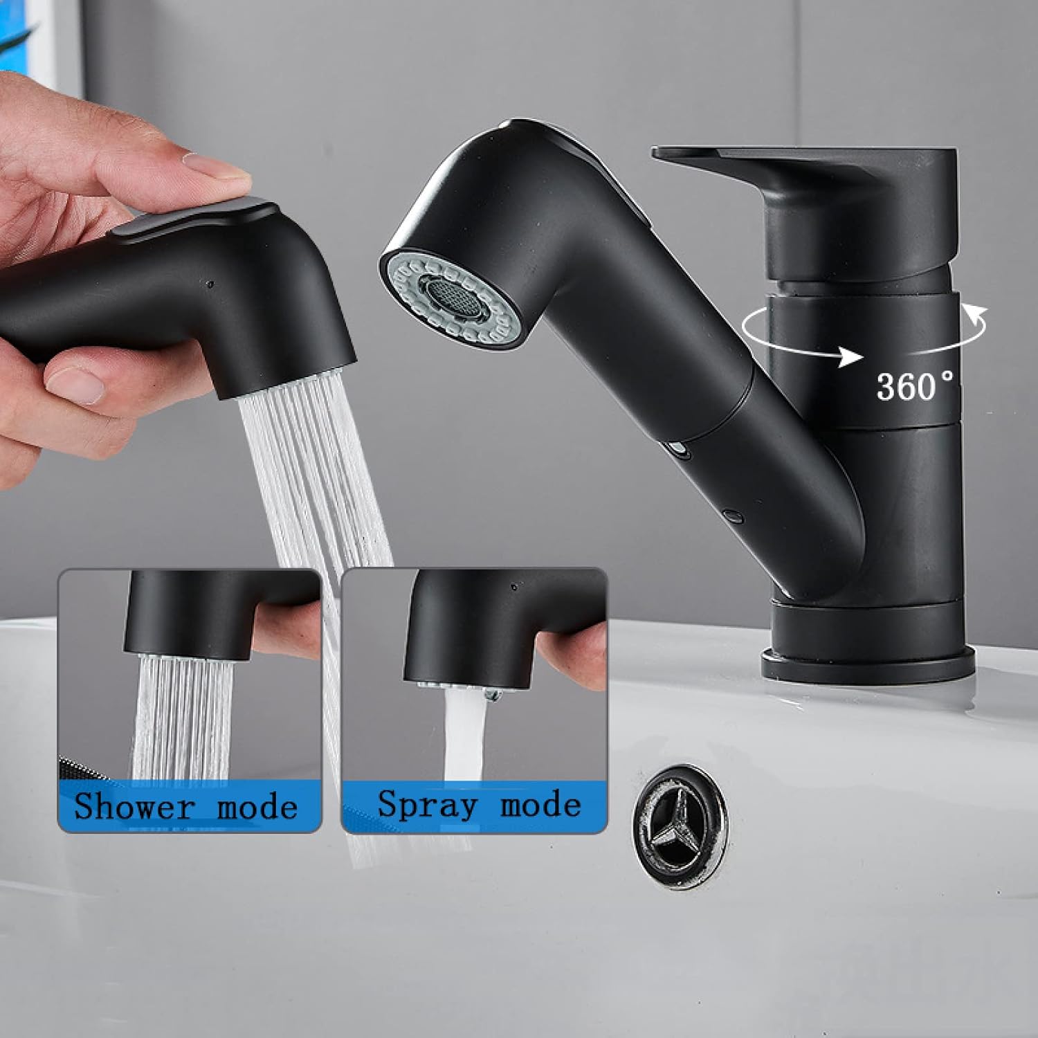 引き出し式バスルームミキサー洗面器タップ、拡張可能な2機能スプレー付きシングルレバー、バスルーム洗面台用タップ真鍮、温水と冷水用のバ バスルーム用蛇口  引き出し式スプレー付き ブラック 高級真鍮製洗面台用蛇口 シングルホール シンク用蛇口 バスルーム ミキサー ...