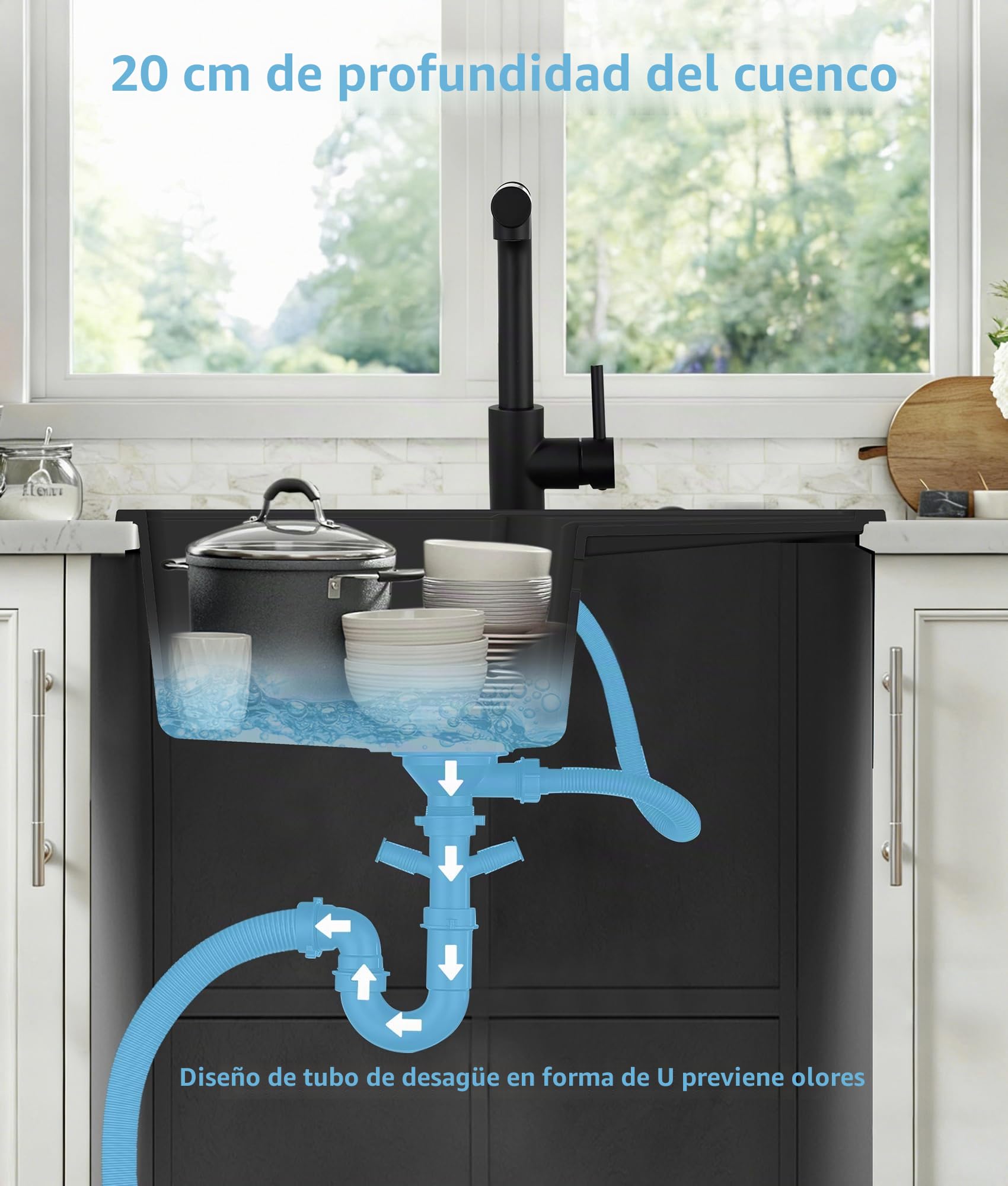 Fregadero Cocina Negro de Granito,Fregadero Cocina 1 Seno con Escurridor 65x43cm,Cesta de Escurrido + Fregadero Interior Adicional + Accesorios de Desagüe,Apto para Muebles Bajos desde 40cm de Ancho