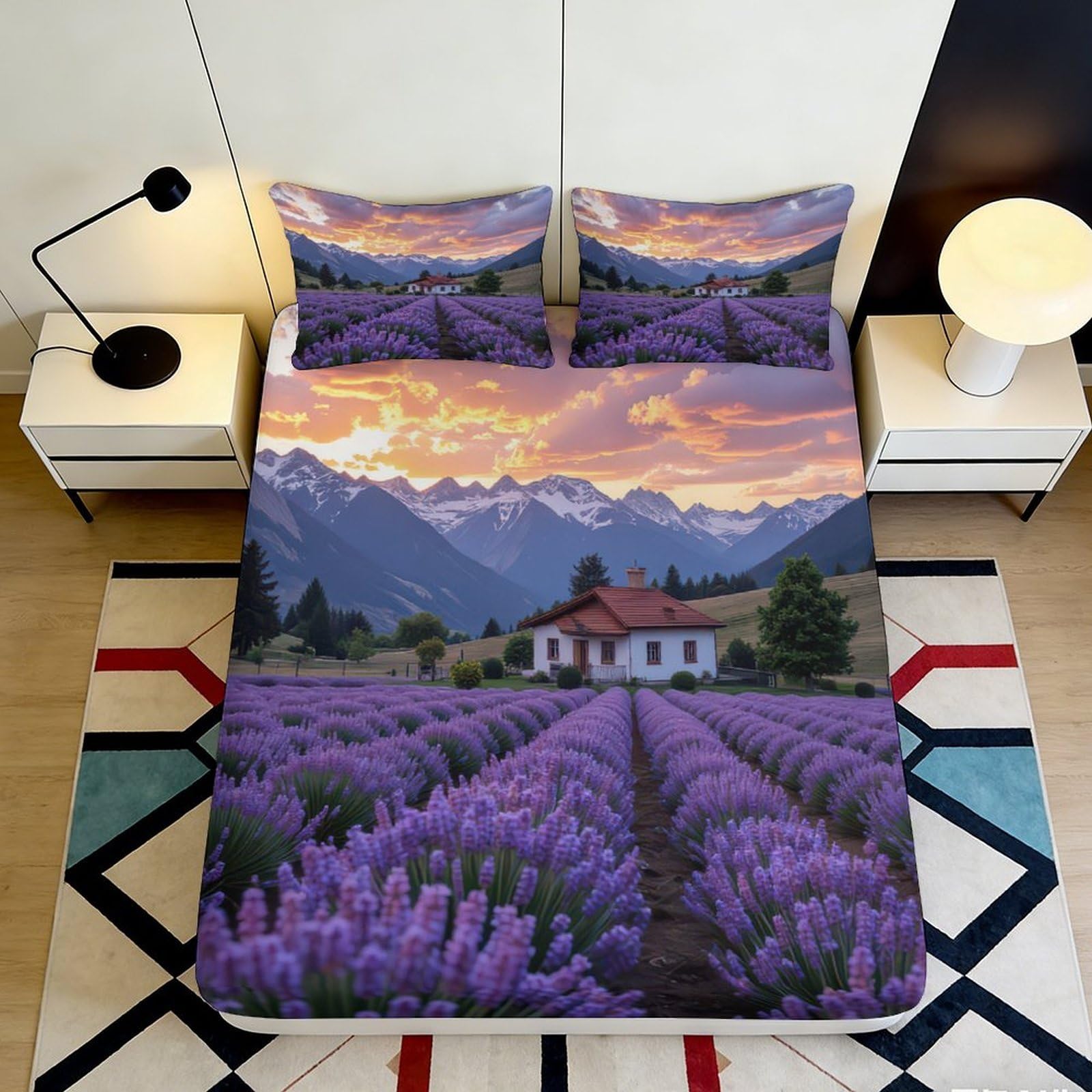 3D Printed Lavender Field Fitted Sheet Microfiber Soft Scenic Mountain Sunset Bed Cover Anti-Slip for Bedroom Guest Room 140x200x25cm