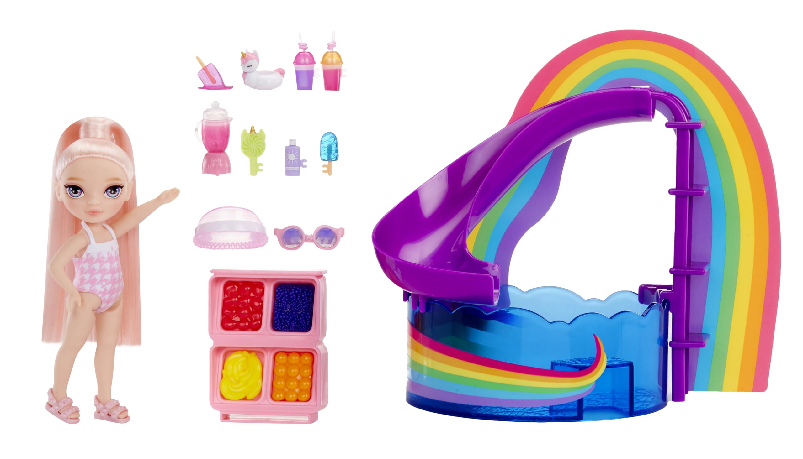 Rainbow High Littles Pool Day with Blush Playset – W Zestawie Mała Różowa Laleczka (14 cm), Basen z Tęczową Zjeżdżalnią, Akcesoria, Stoisko z Koktajlami, dla Dzieci w Wieku 4+