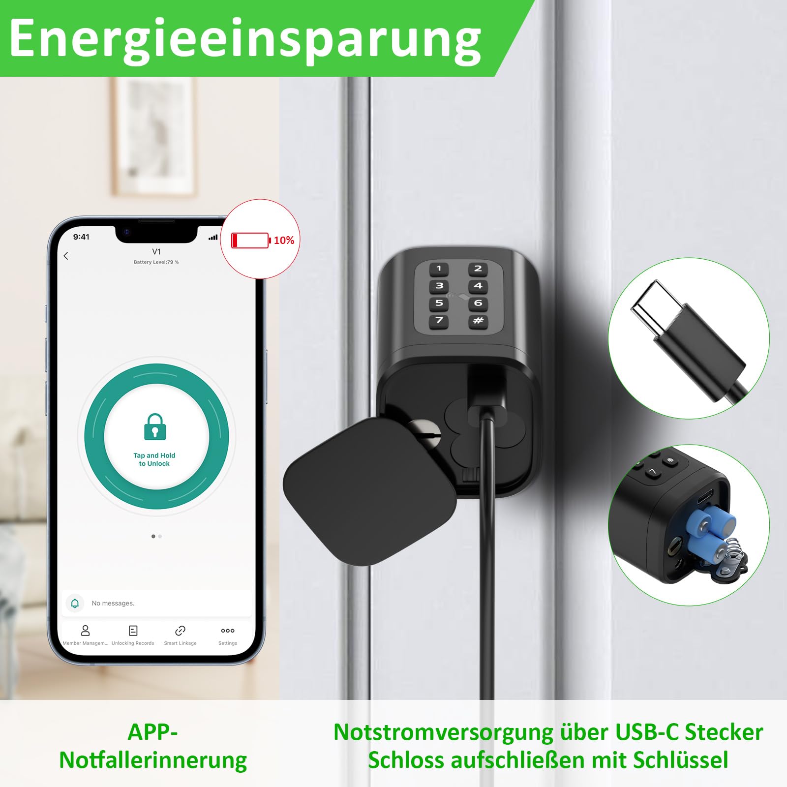 FITNATE Elektronisches Türschloss mit Fingerabdruck, 5-in-1 | App, Bluetooth, RFID, Passwort & Schlüssel, Verstellbar 60-80mm