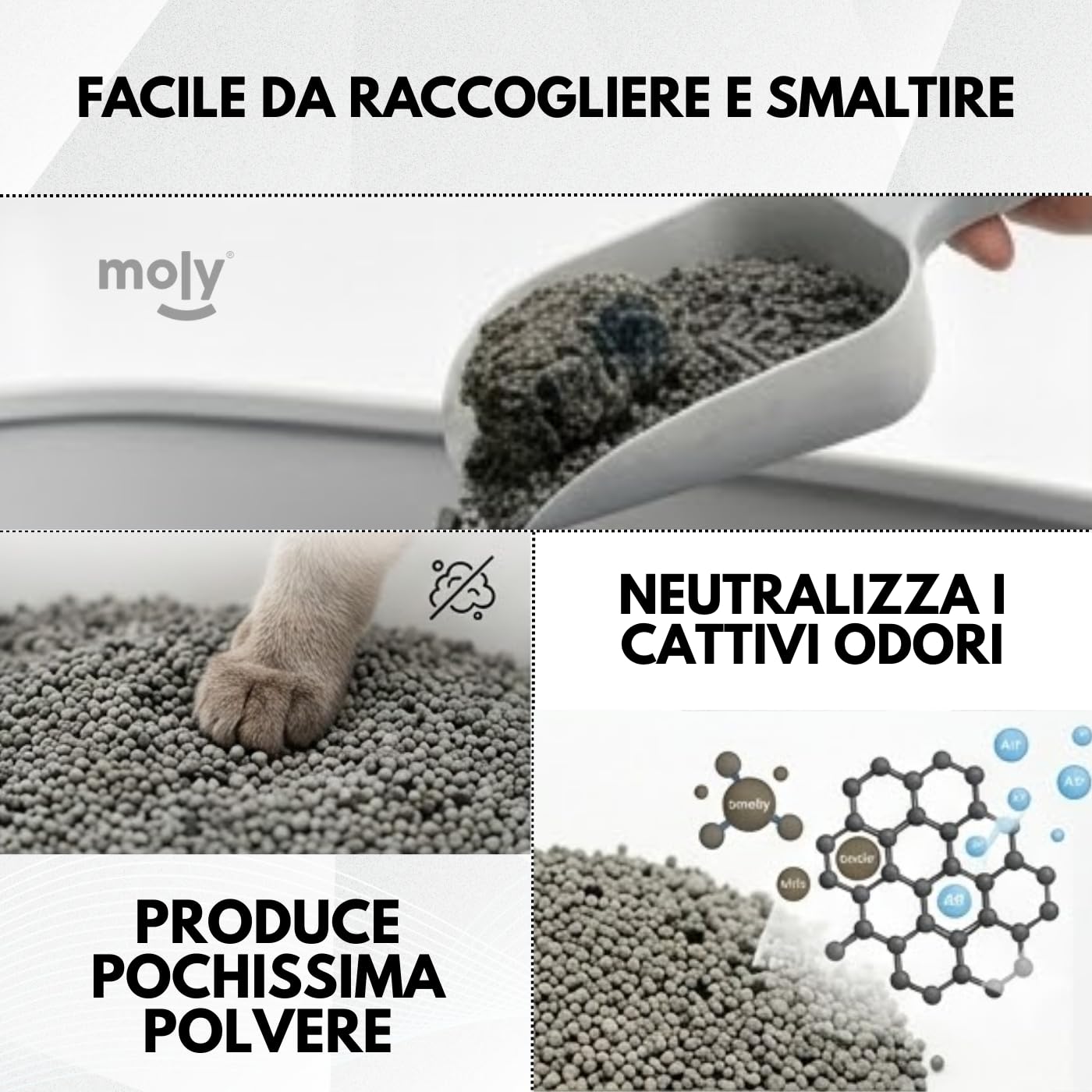 MOLY X6 Sabbia per gatti Bentonite con carbonio attivo 16,8 kg 22,2 l | Sabbia agglomerante ad alta assorbimento con aroma di lavanda e talco | Controllo totale degli odori | Senza polvere | Lecho