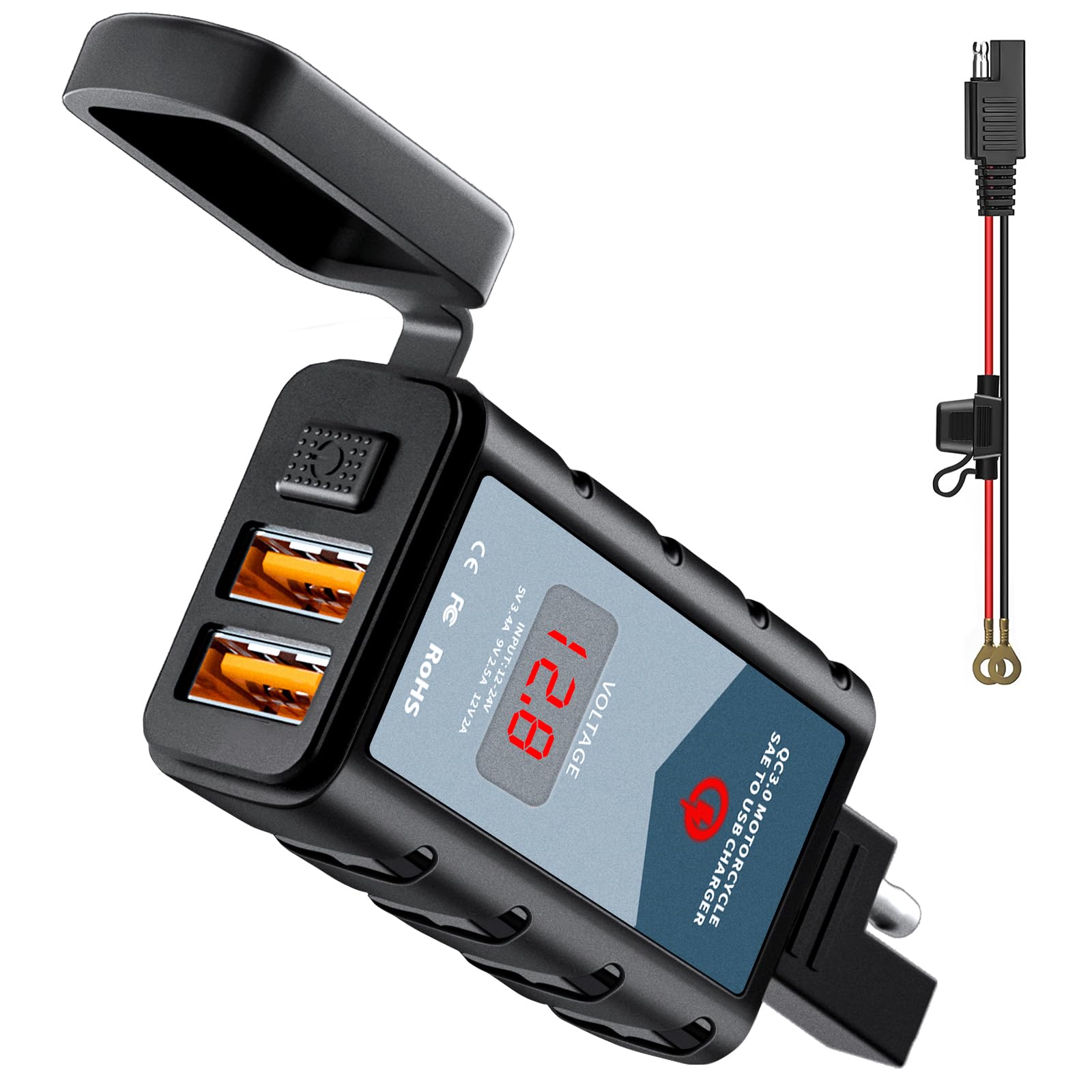 Motorcycle Phone Charger, 6.8A Dual USB QC 3.0 Motorcycle USB Charger with ON/Off Switch, Waterproof SAE to USB Adapter for Phone, GPS - Red Voltmeter
