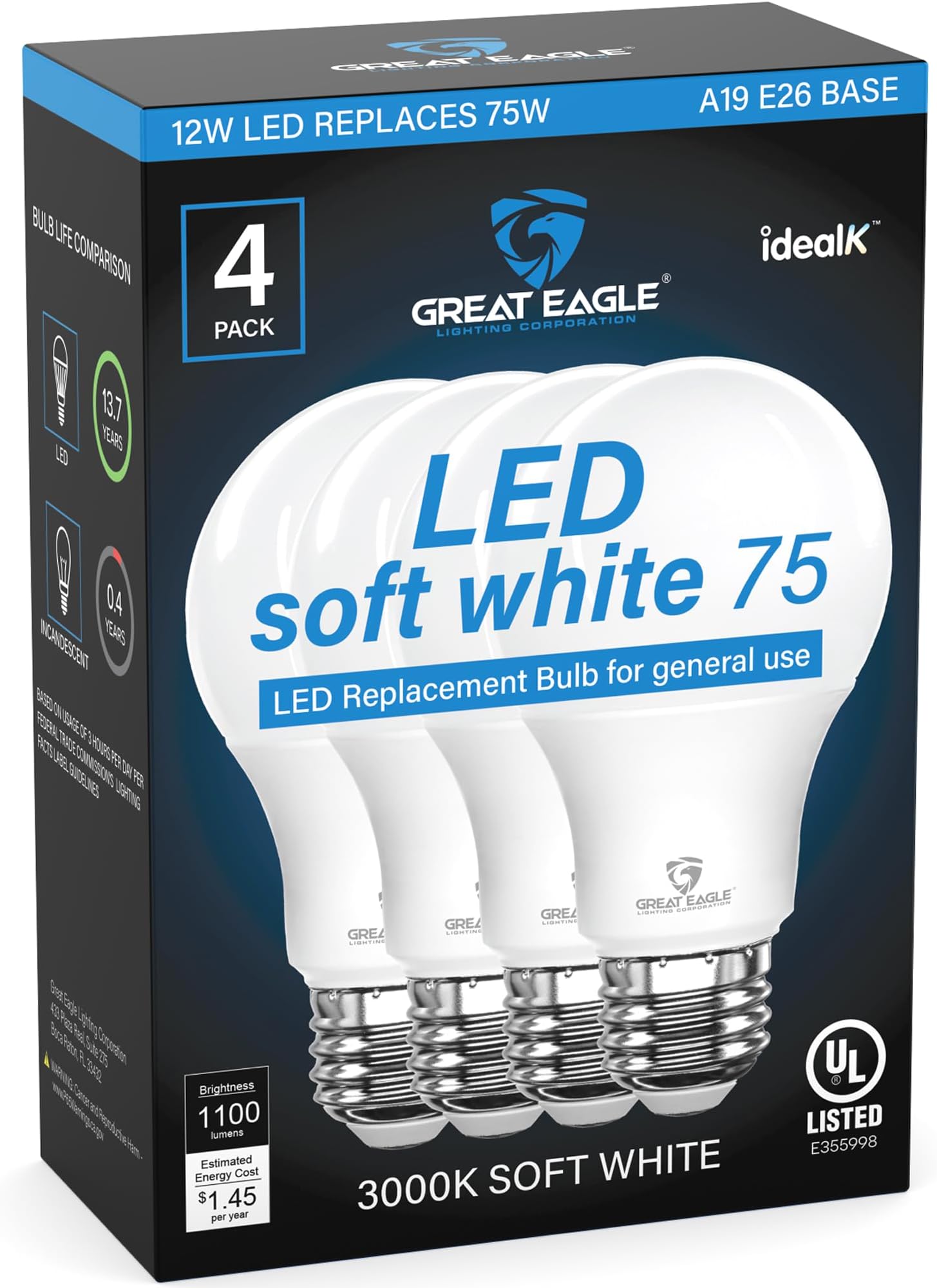 Great Eagle A19 Led Bulbs 75 Watt Equivalent - UL Listed - 3000K 75 Watt Led Light Bulbs Soft White - Non Dimmable - Standard Replacement (4 Pack)