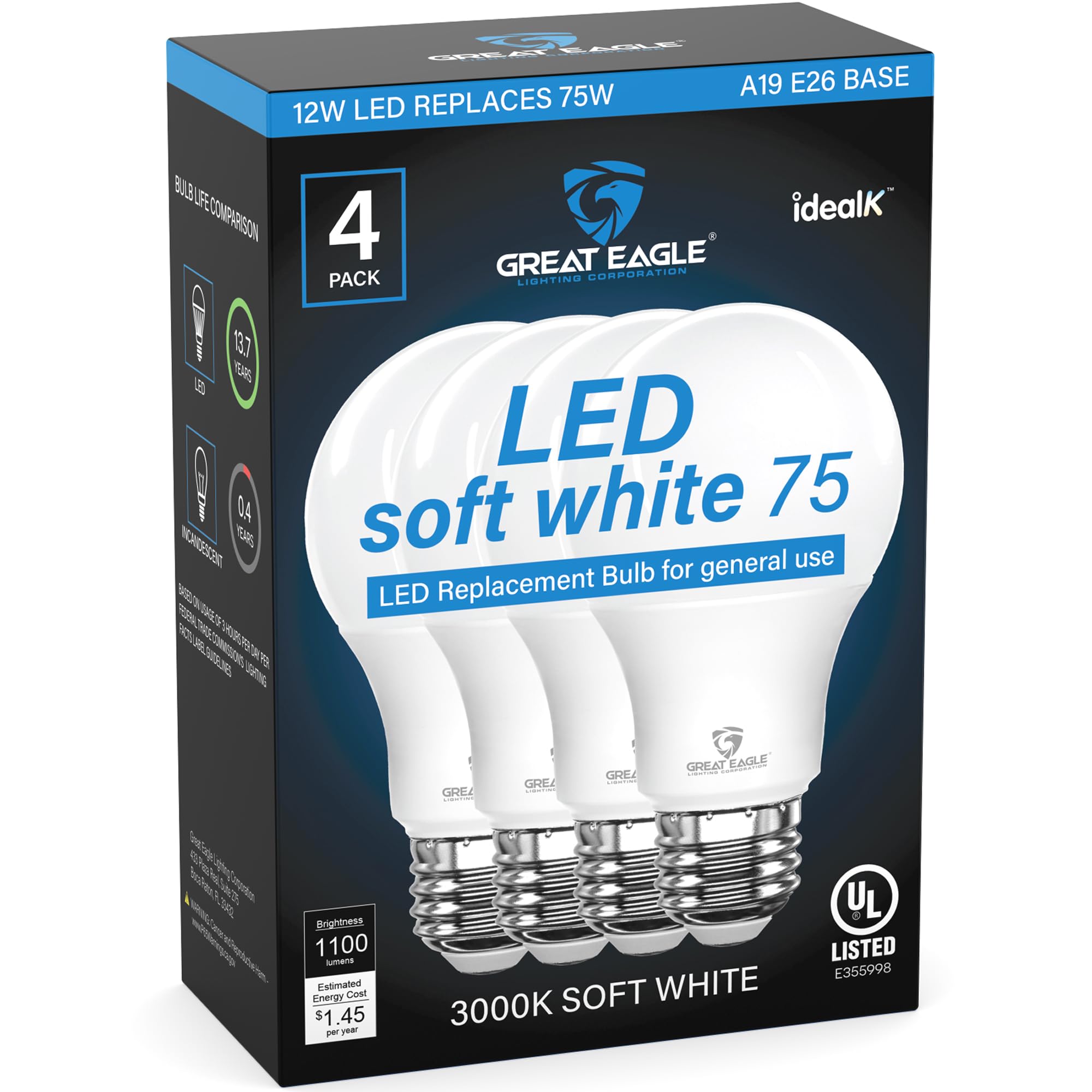 Great Eagle A19 Led Bulbs 75 Watt Equivalent - UL Listed - 3000K 75 Watt Led Light Bulbs Soft White - Non Dimmable - Standard Replacement (4 Pack)